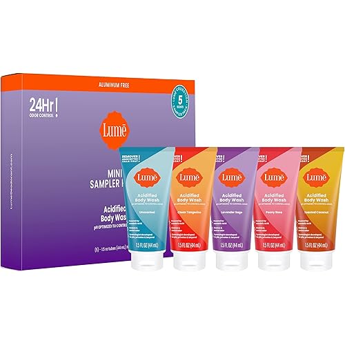 Lume Acidified Body Wash 5 Pack Minis - 24 Hour Odor Control - Moisturizing Formulated Without SLS & Parabens - 1.5 ounce Tubes (Clean Tangerine, Lavender Sage, Peony Rose, Toasted Coconut, Unscented)