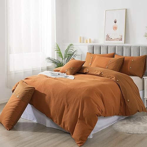 Miniatura 9 de FADFAY Juego de funda de edredón color naranja quemado, tamaño Queen, tejido de gofre, funda de edredón con cremallera, reversible, de lujo,