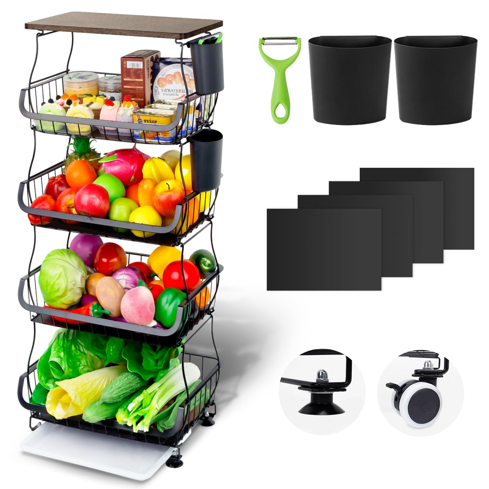 Wuciray Vegetable Rack For Kitchen On Wheels Vegetable Basket With Suction Cups Fruit Storage Baskets With Worktop Vegetable Trolley On Wheels Fruit And Veg Storage Fruit Stand