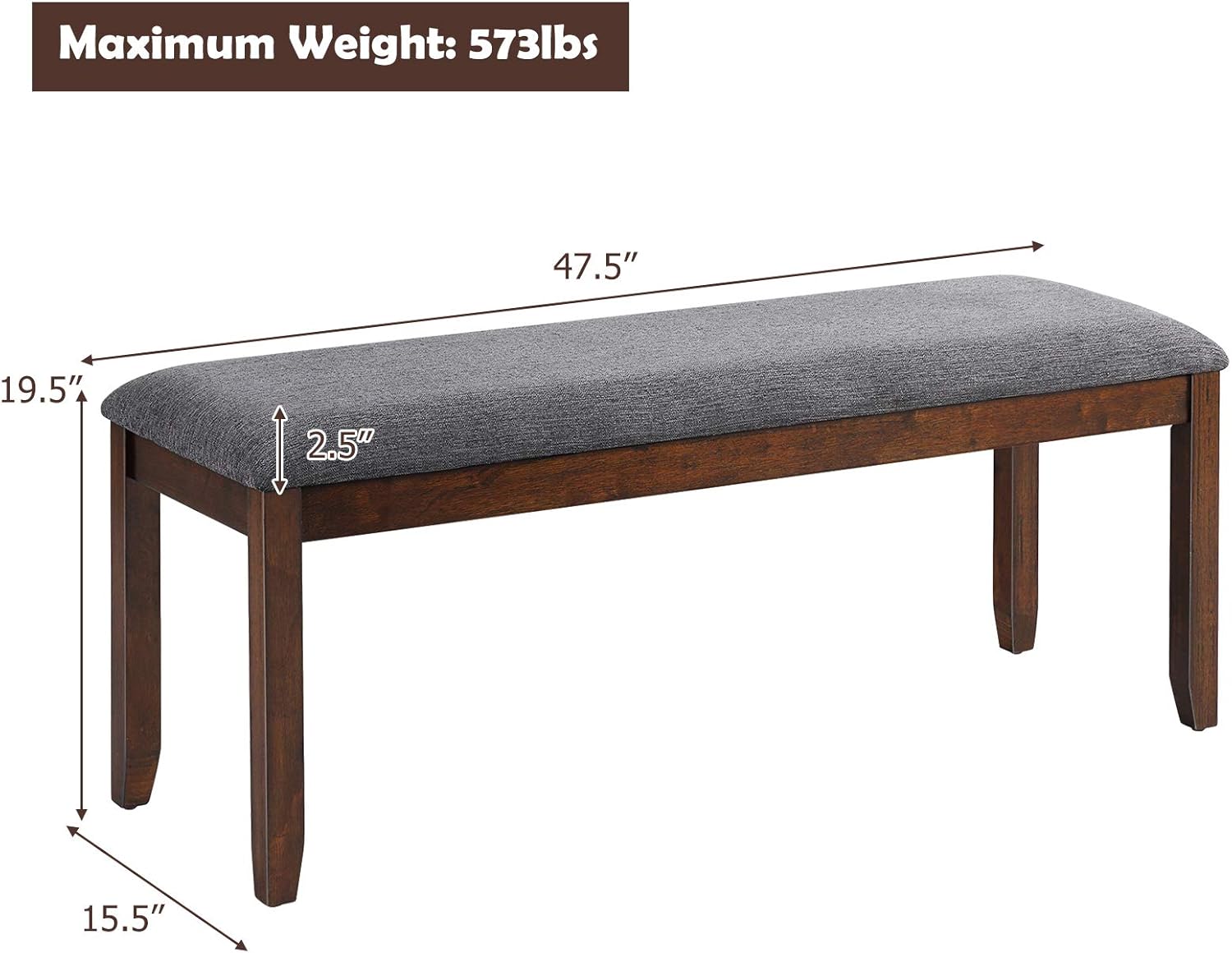 GORELAX Dining Bench Seat, Shoe Bench w/Linen Fabric Cushion, Piano Bench w/Non-Slip Foot Pad & Rubber Wood Leg, Upholstered End of Bed Bench, Bedroom Hallway Entryway Bench, Dark Grey (1)