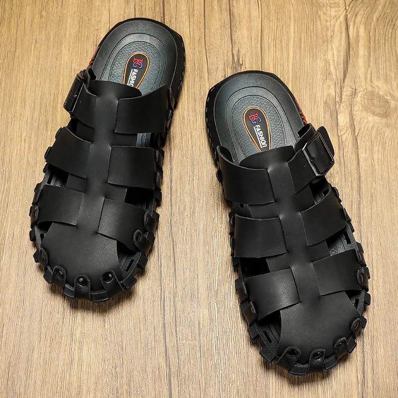 Mens Leather Beach Slides Sandals For Men Closed Toe Hiking Outdoor Athletic Casual Walking Sandals Water Shoes Summer Fisherman
