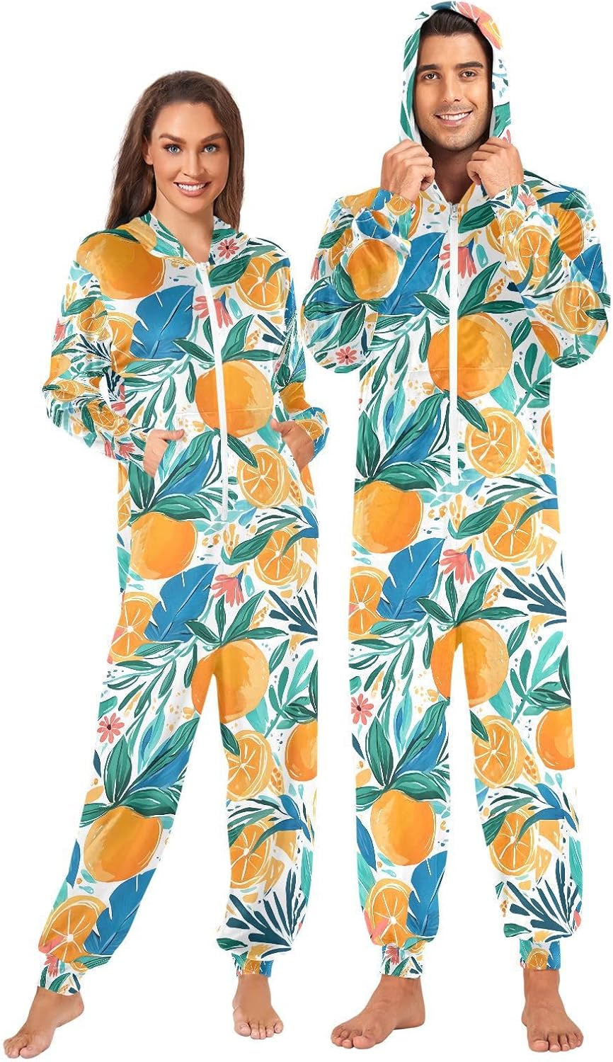 ALAZA Orange Leaves Lemon Adult Onesie Pajamas Novelty One Piece Costume Sleepwear Jumpsuits Matching PJS