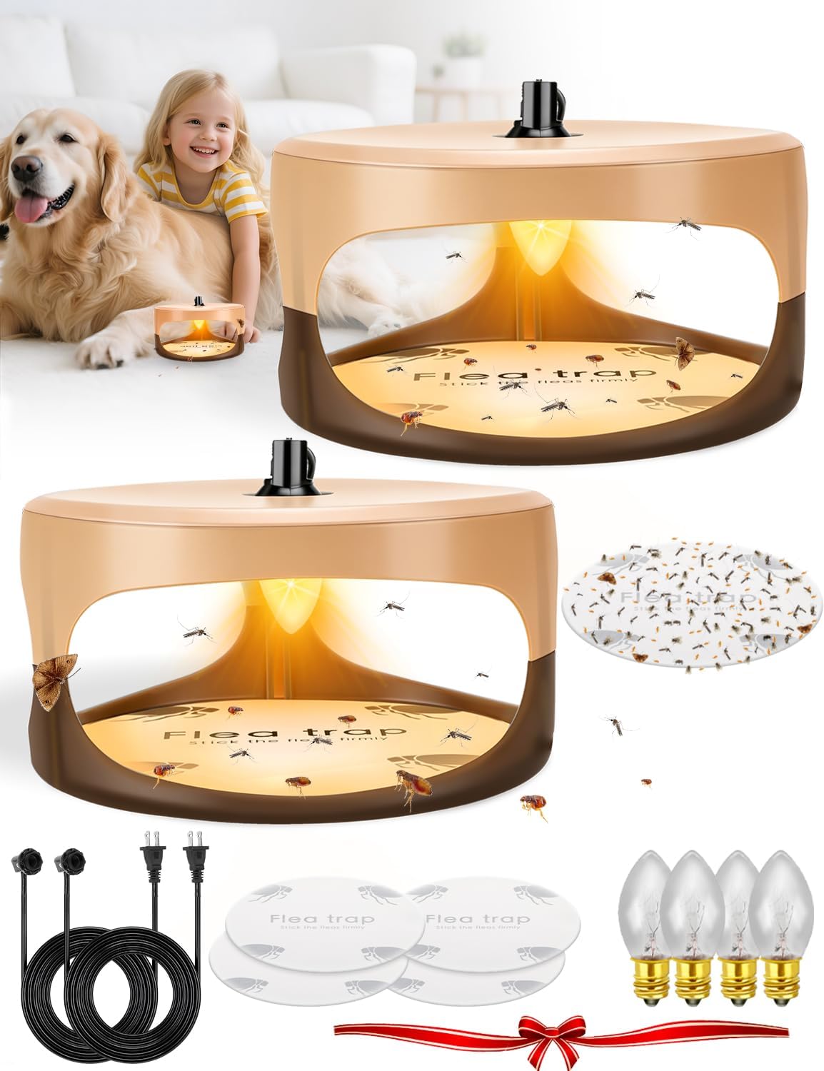 Flea Traps for Inside Your Home,New Bed Bug Trap with Light Refills and Sticky Pads,Electronic Fly Gnat Traps Indoor,Sticky Flea Bombs for Home Indoor(Beige, 2 Pack)