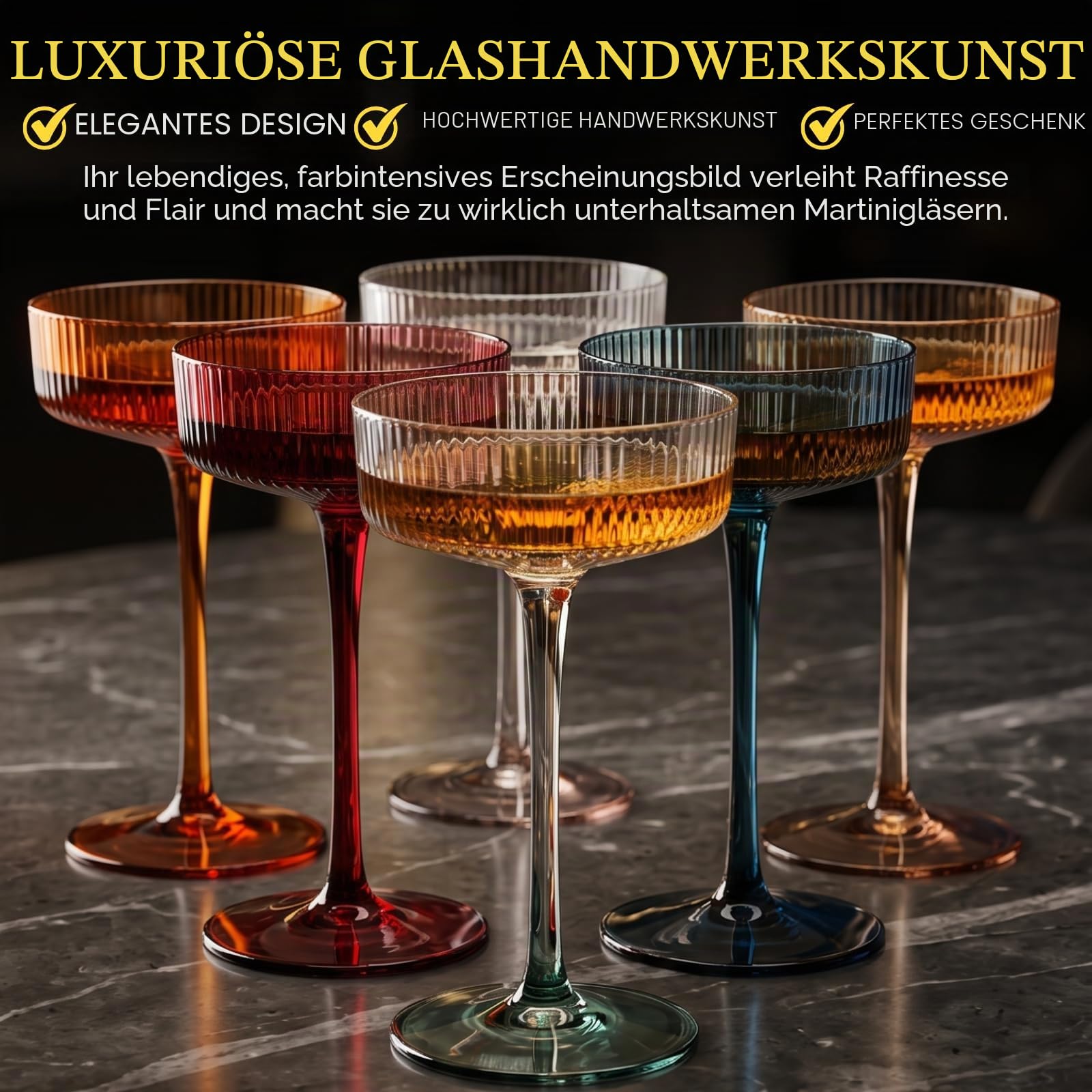 Farbige Vintage Art Deco Coupé-Gläser, Martini-, Cocktail- und Champagnergläser, geriffelt, 200 ml, 6 Stück, niedliche pastellfarbene gedämpfte Kristall-Cocktailgläser, Kelch, Cocktails, geriffelte
