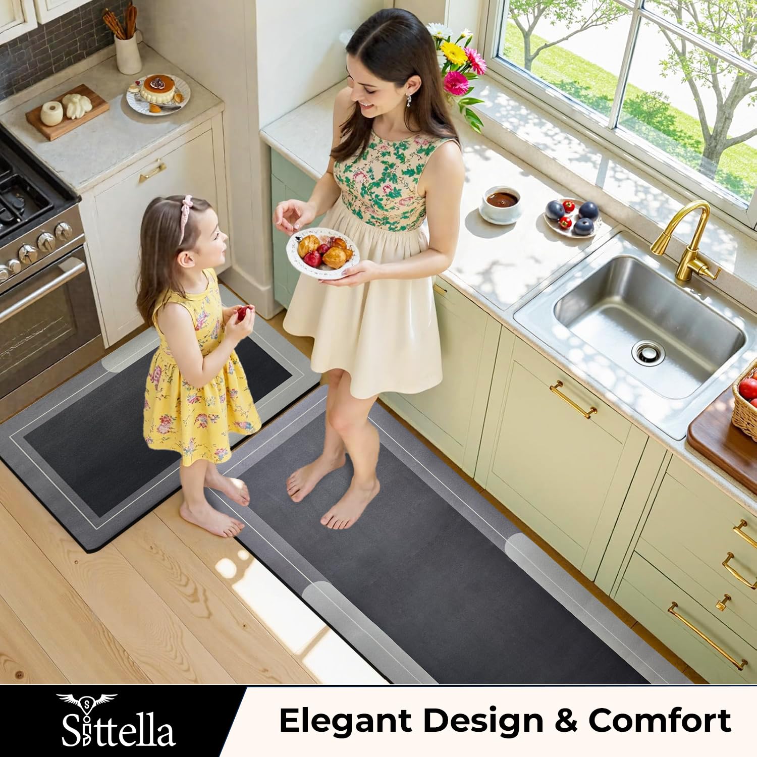 SITTELLA Rubber Kitchen Mats Set of 2, Anti-Skid Kitchen Mats, Water Absorbent Rug, Carpets, Floor Mat for Home and Kitchen (120x40cm & 40x60cm) Grey, Rectangular 4