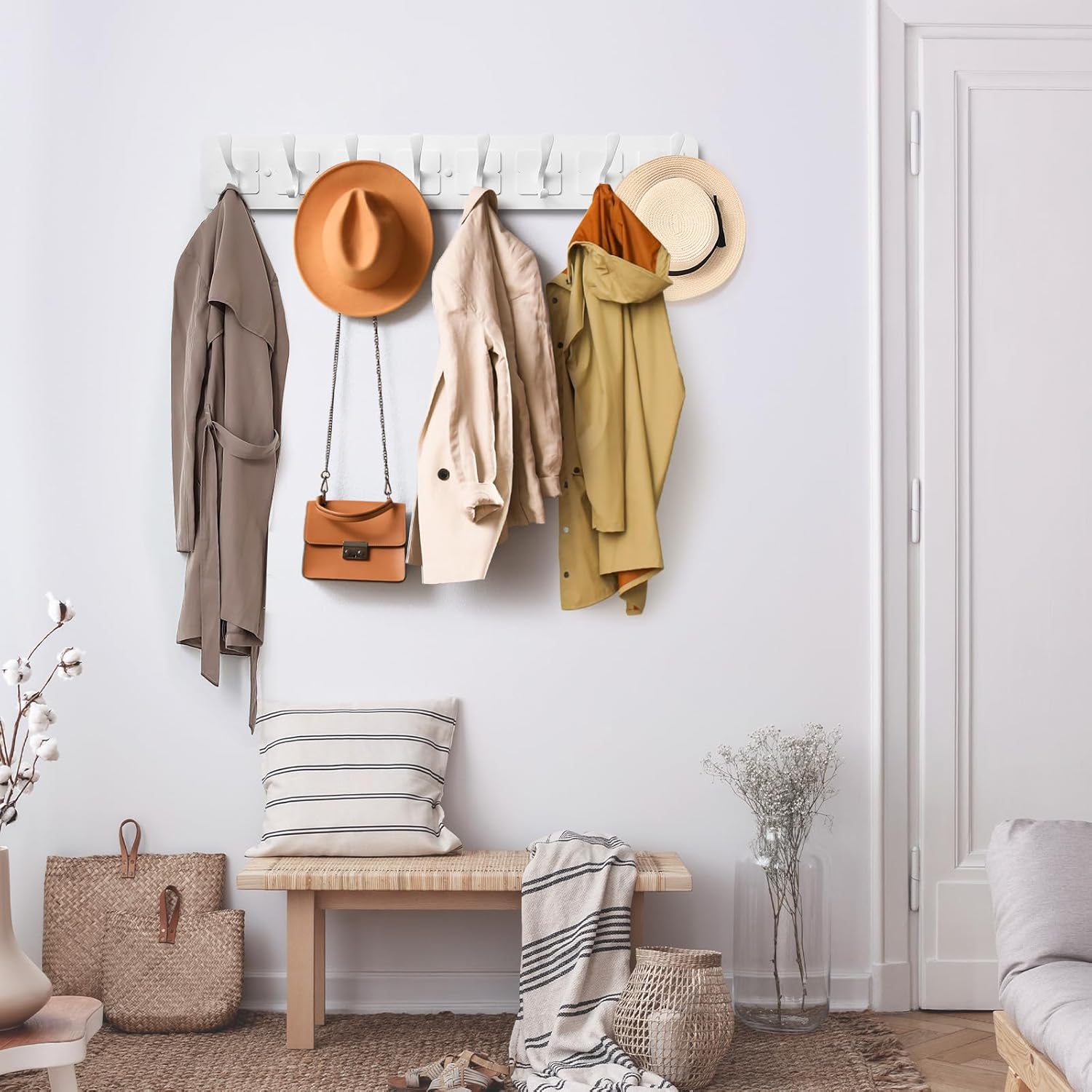 Coat Rack Wall Mounted,Wooden Wall Coat Rack with 8 Double Hooks for Hanging Clothes,Coats,Hats,Jackets,31.5inch (White, 8 Hooks)