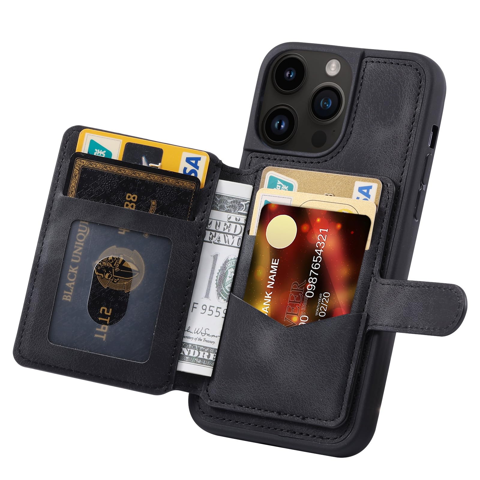 Étui Portefeuille en Cuir de Luxe pour iPhone 15, avec Poche pour Cartes et Coque arrière Antichoc (pour iPhone 15/Noir)