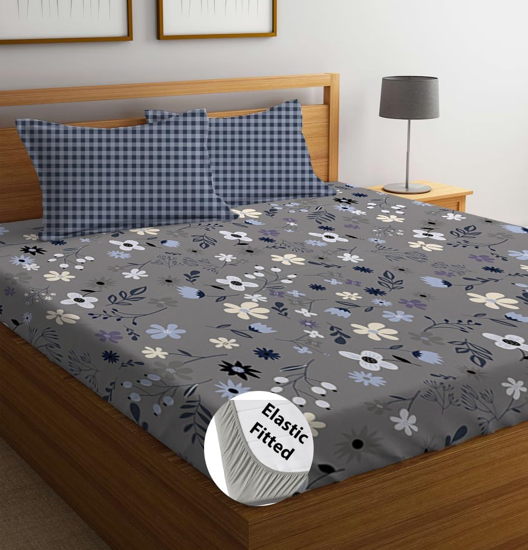 LOOMLYFE 300 TC Cotton Feel Glace Cotton Elastic Fitted Printed Super King Size Bedsheet with 2 Pillow Covers Fits Upto 12 inches Mattress,Size- 72X78 Inches, GreyBlueFlower