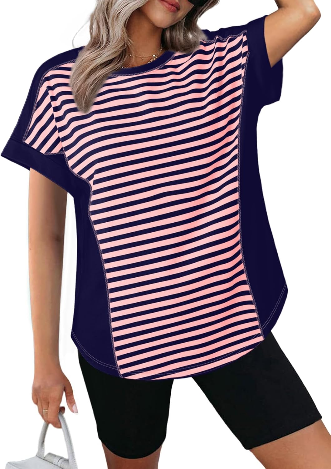 Dokotoo T Shirts for Women Striped Color Block Crewneck Short Sleeve Casual Workout Tops Loose High Low Blouses X-Large Navy Blue