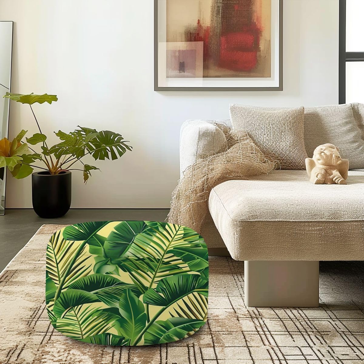 Round Pouf Ottoman Tropic print summer exotic jungle plant tropical palm leaf branch Foot Stool Foot Rest Floor Stool Bean Bag Chair Cotton Linen Removable Indoor Outdoor for Living Room Bedroom