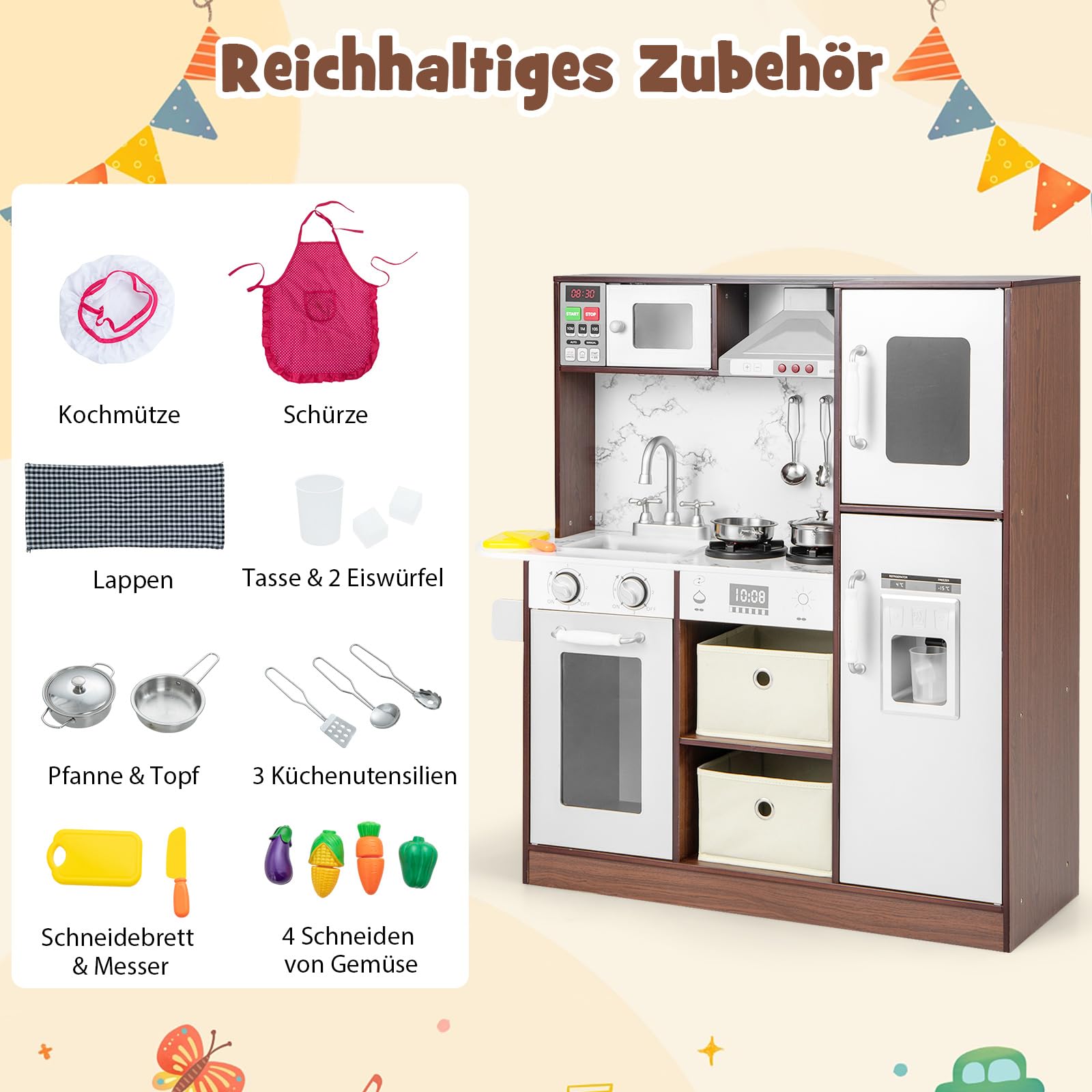 DREAMADE Kinderküche mit Licht und Sound, Kinder Küche aus Holz mit Tafel Herd Dunstabzugshaube Spüle Backofen, Spielküche mit 17 TLG. Zubehör für Kinder ab 3 Jahren