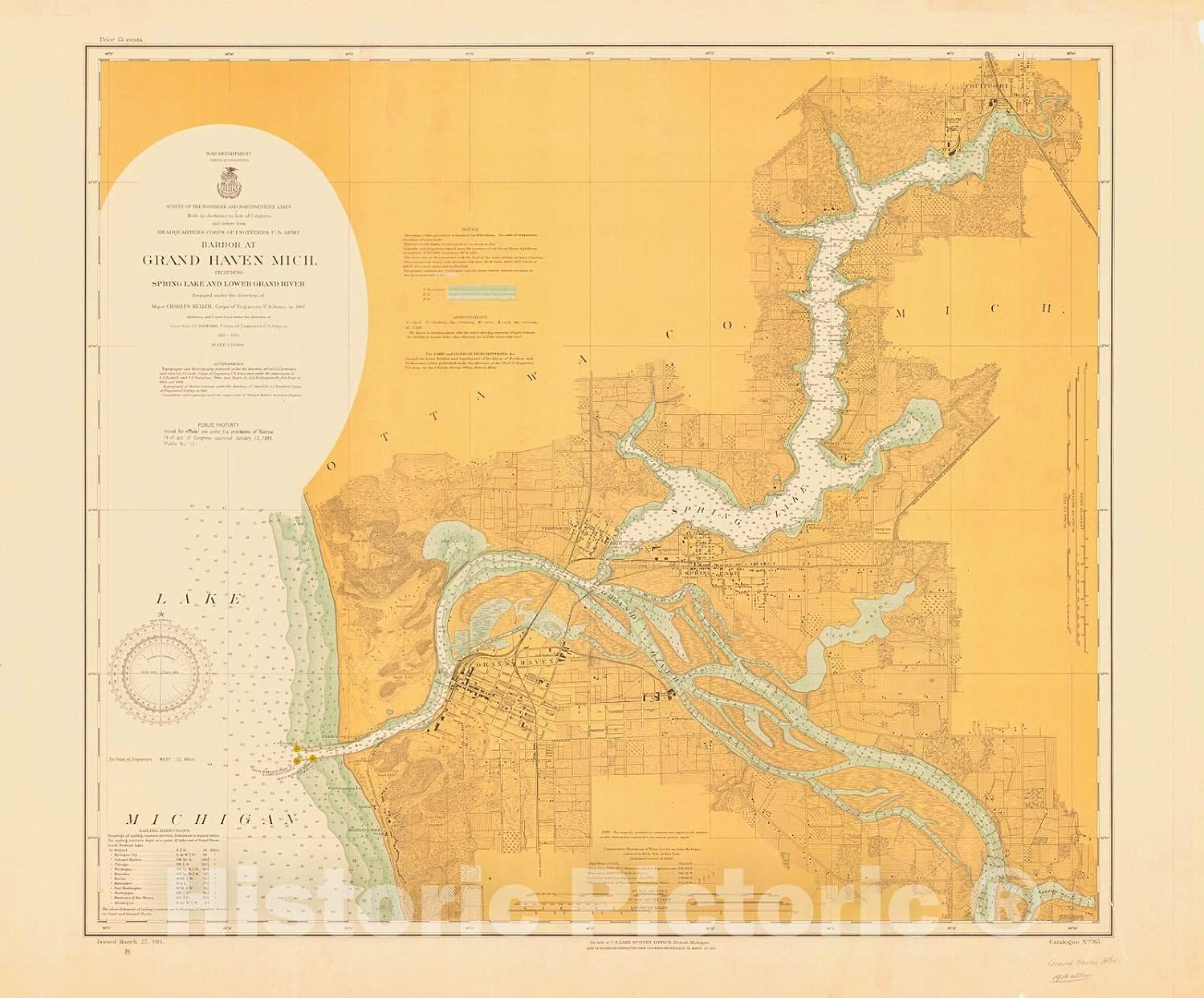 Historic Pictoric Grand Haven, Michigan Nautical Chart 1914 - Spring Lake & Lower Grand River Map Print - 24in x 18in