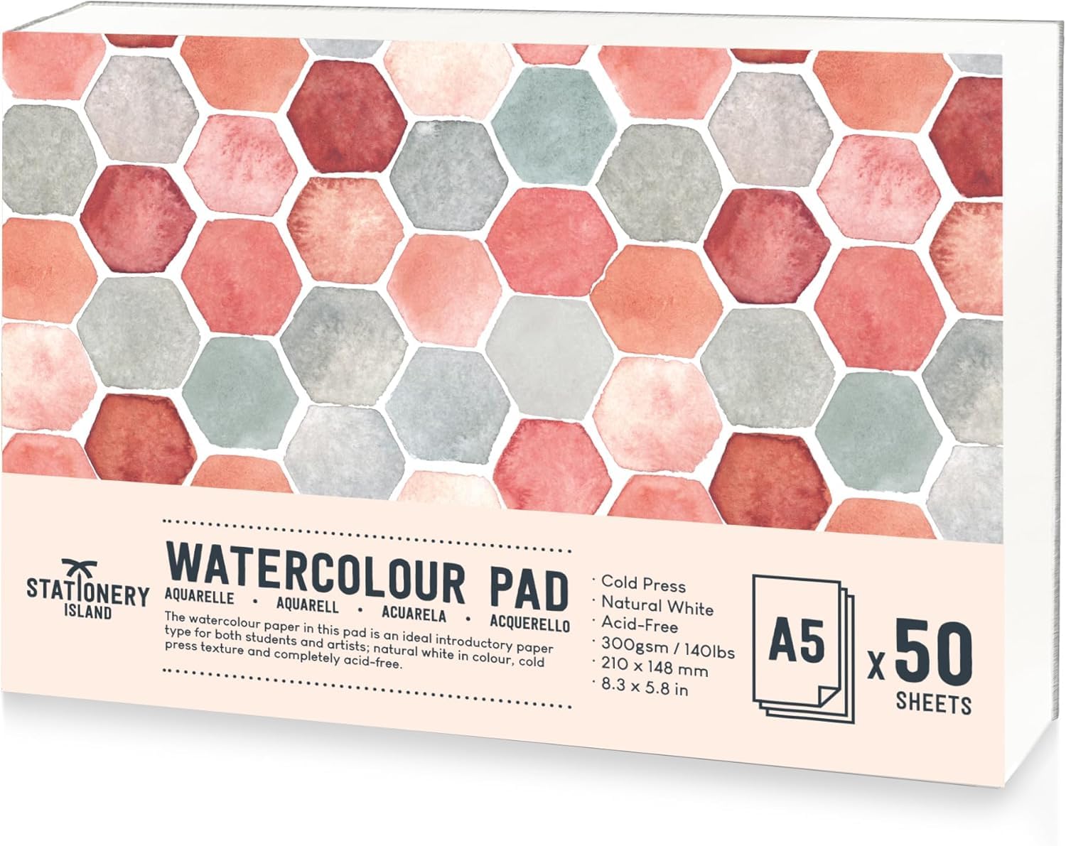Stationery Island White. Watercolour Paper A5 Pad, 50 Sheets - Natural White 300Gsm Glue Bound, Cold-Pressed Texture, Watercolour Sketchbook For Painting, Drawing And Mixed Media