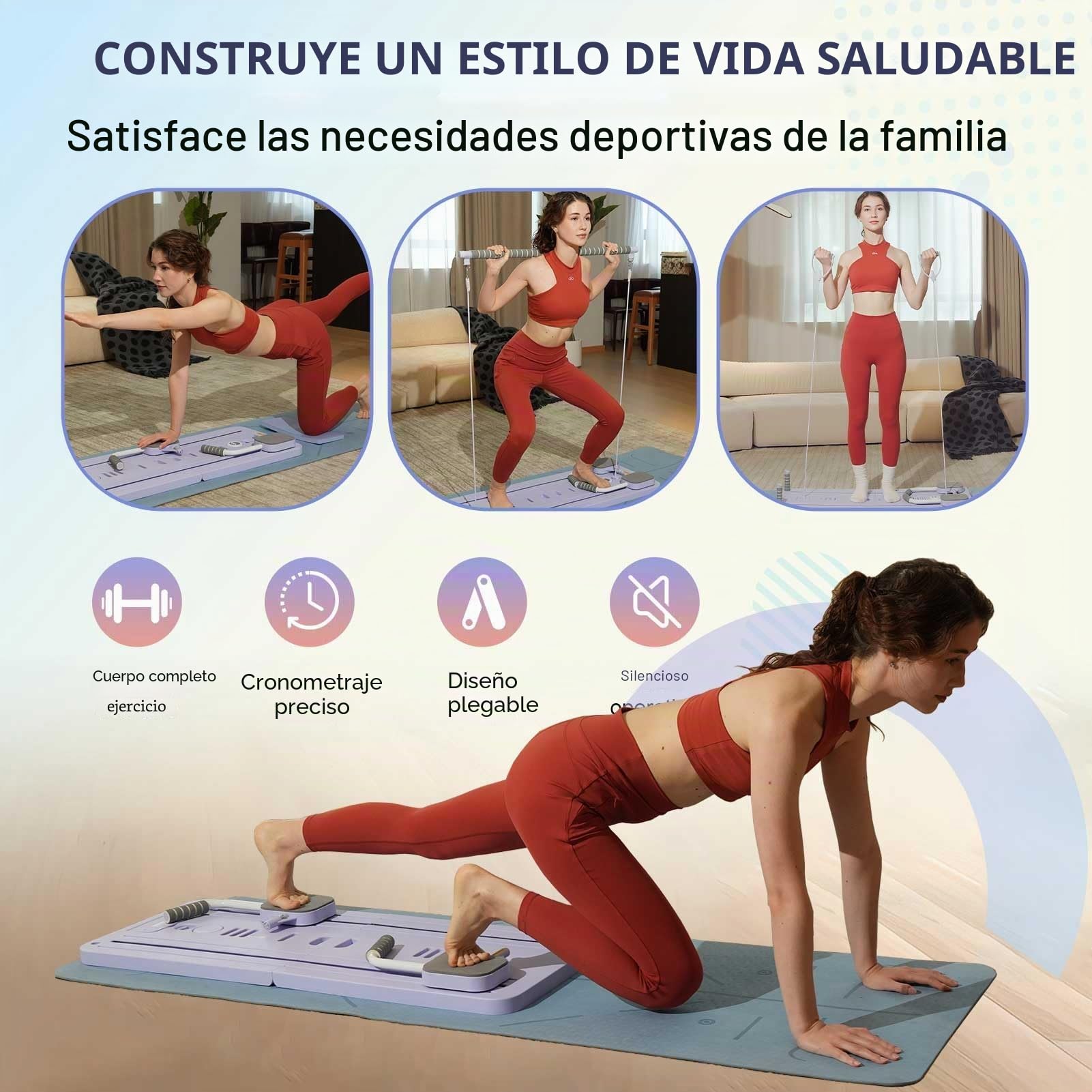 Mini Pilates Reformer Kit con Barra de Pilate y Bandas de Resistencia, Pilates Board en Casa Tabla Pilate Multifuncional Equipo de Entrenamiento