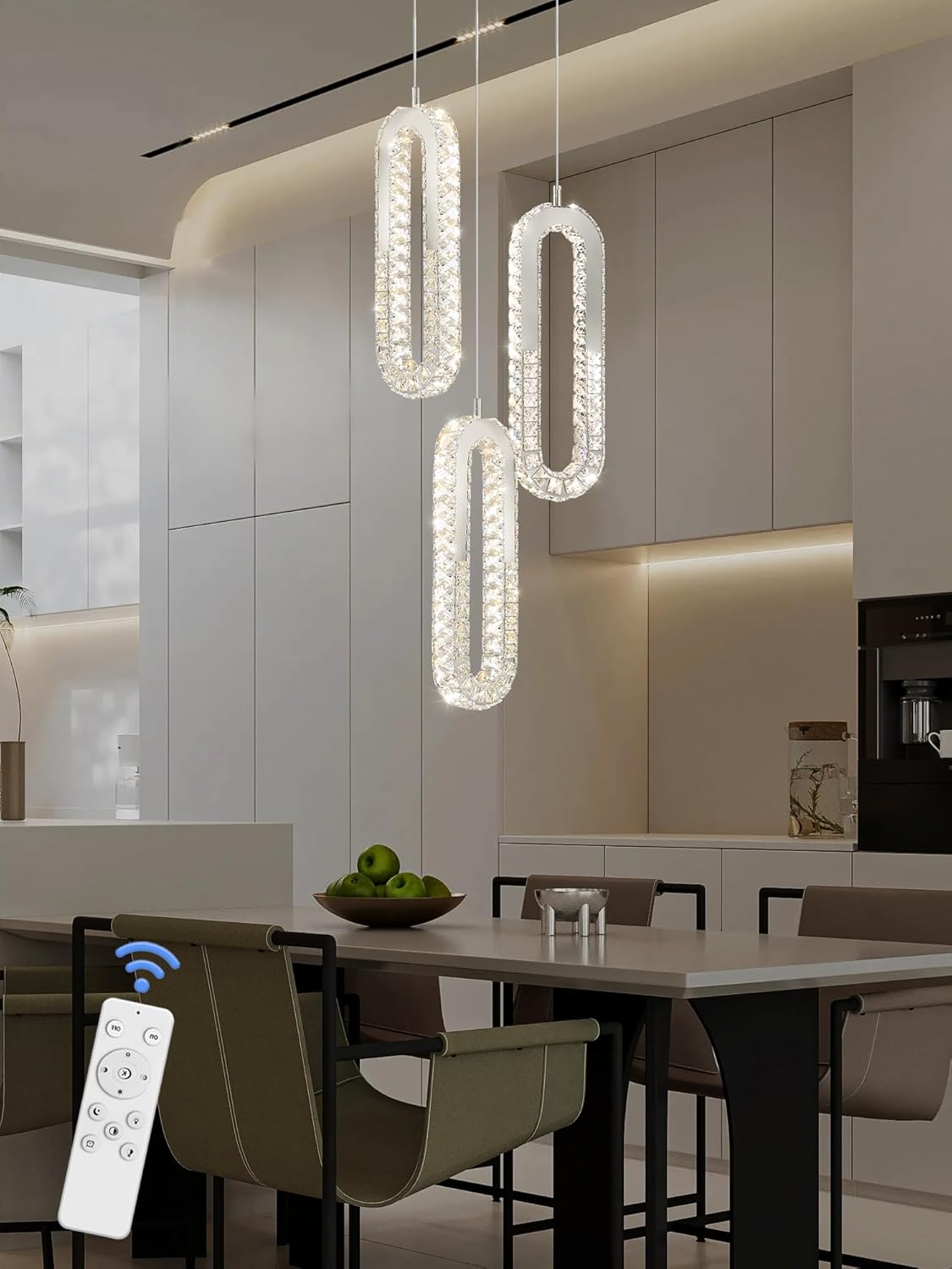 Modern Pendant Lights Fixtures, LED Chrome Dimmable Pendant Light for Kitchen Island,Crystal Ring Chandelier, Oval Adjustable Hanging Lamp for Dining Room Hallway Living Room Silver 3-Lights