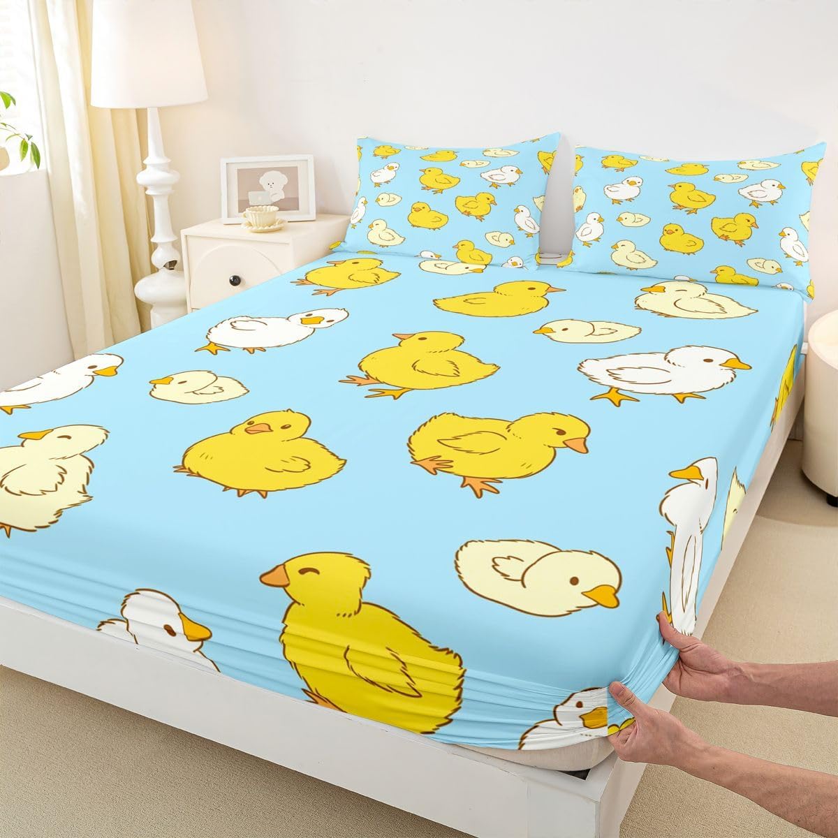 Erosebridal Kawaii Duck Bed Sheets Set Rural Hairy Ducky Cute Queen Sheet Set for Toddler Boys,Watercolor Duckies Cartoon Geometric Stripes Ducks Flat Sheet