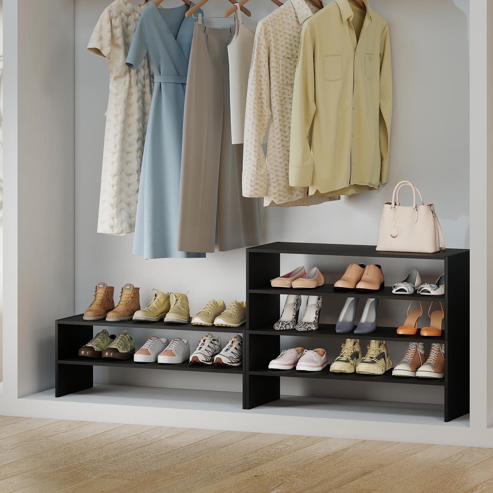 COSTWAY Schuhregal stapelbar Holz, Schuhorganizer Freikombination (Schwarz) | 6 stufiges Holzschuhregal mit Anti-Kipp-Vorrichtung, Moderner Schuhturm freistehend für Schlafzimmer, Flur, Eingangsbereich