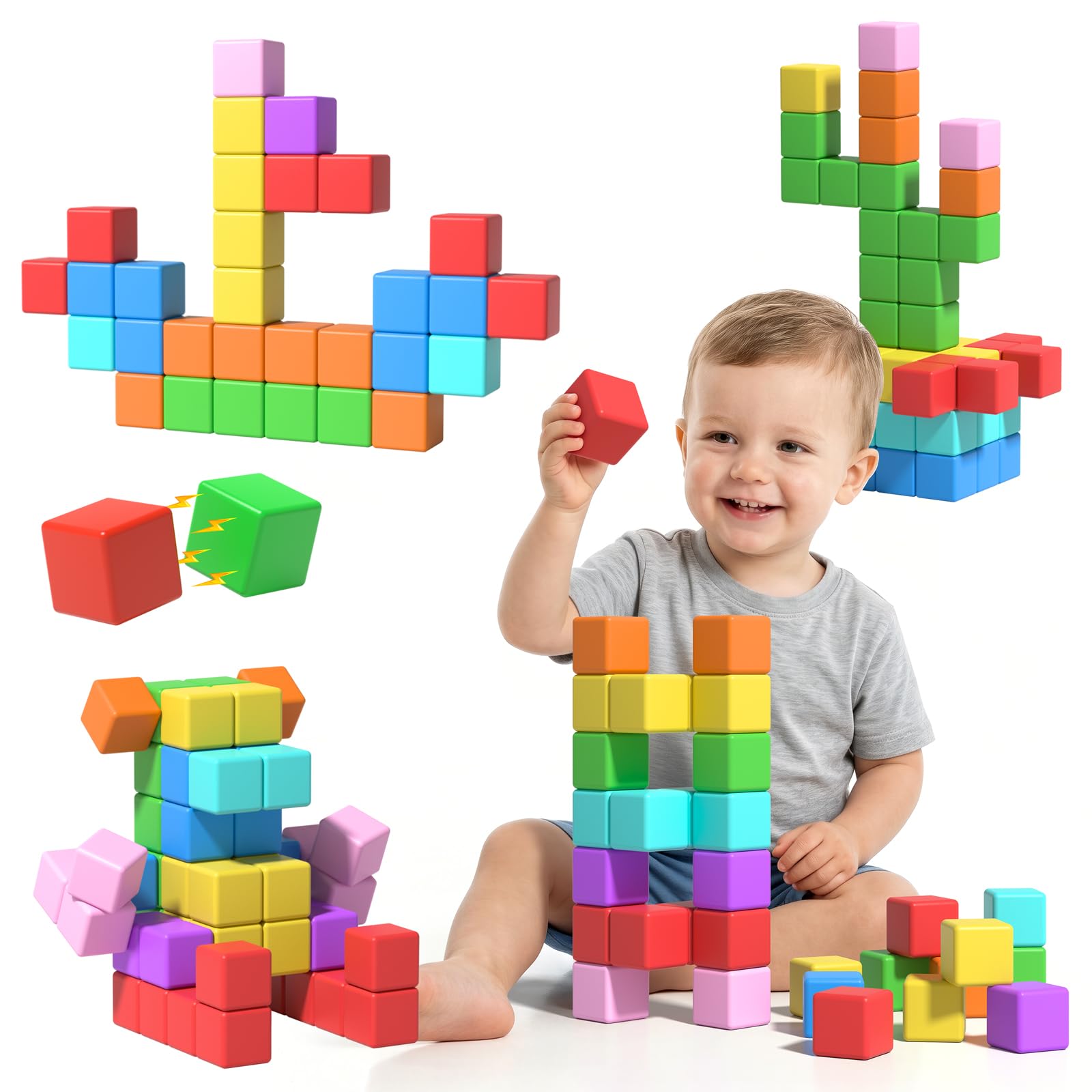 Large Magnetic Blocks,56PCS 1.34in 3D Building Cubes for Kids Ages 3+