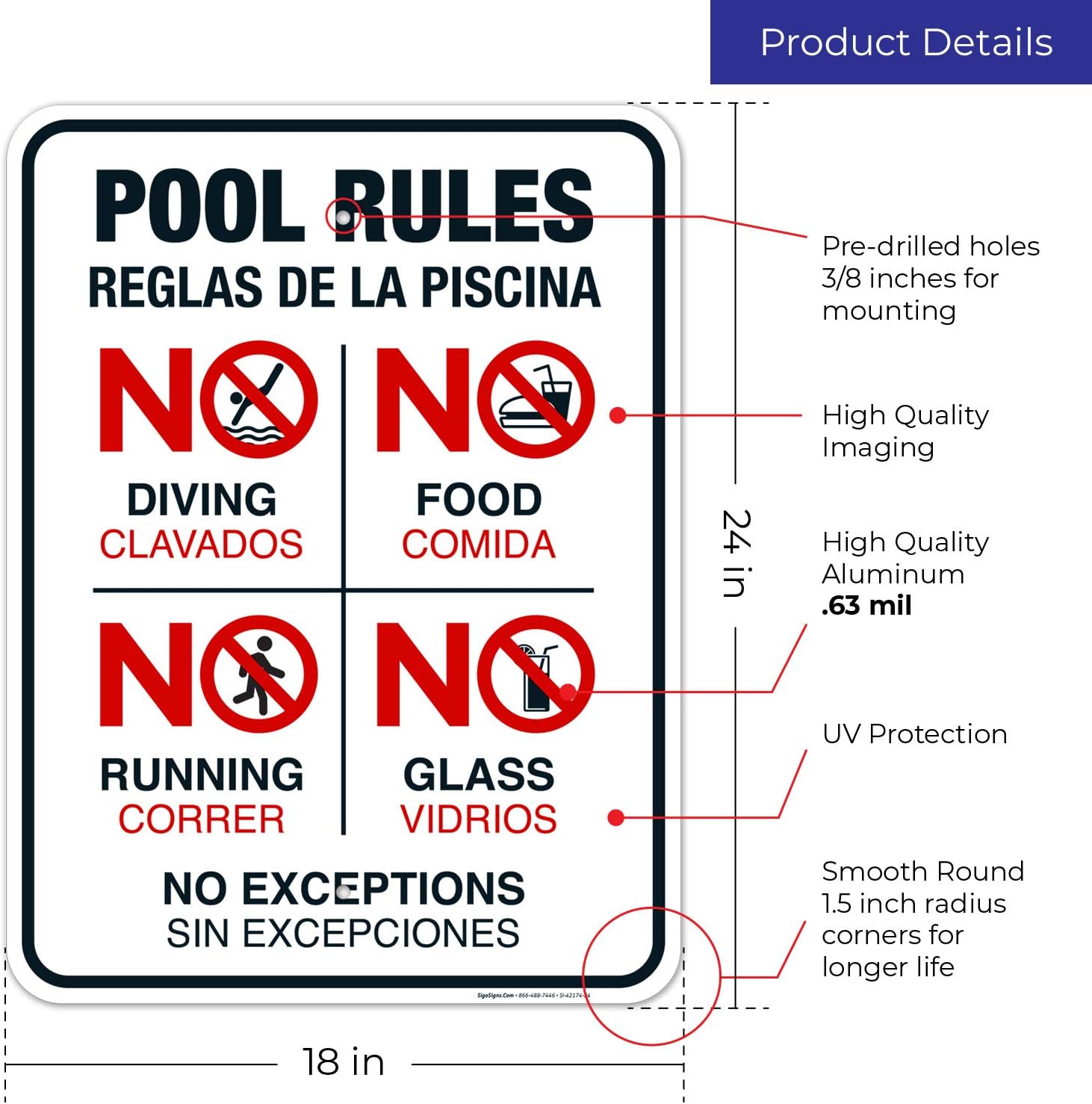 Bilingual Pool Rules Sign, No Diving No Running No Food No Glass, 18x24 Inches, Rust Free .063 Aluminum, Fade Resistant, Easy Mounting, Indoor/Outdoor Use, Made in USA