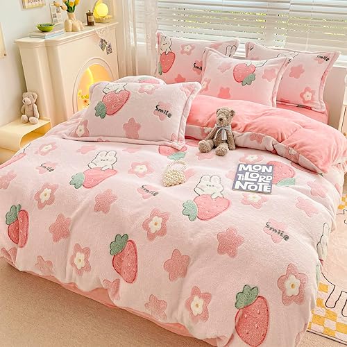 Miniatura 6 de LMONMOO Juego de funda de edredón tamaño individual, juego de funda de edredón de fresa rosa, súper suave, juego de ropa de cama kawaii, bonito