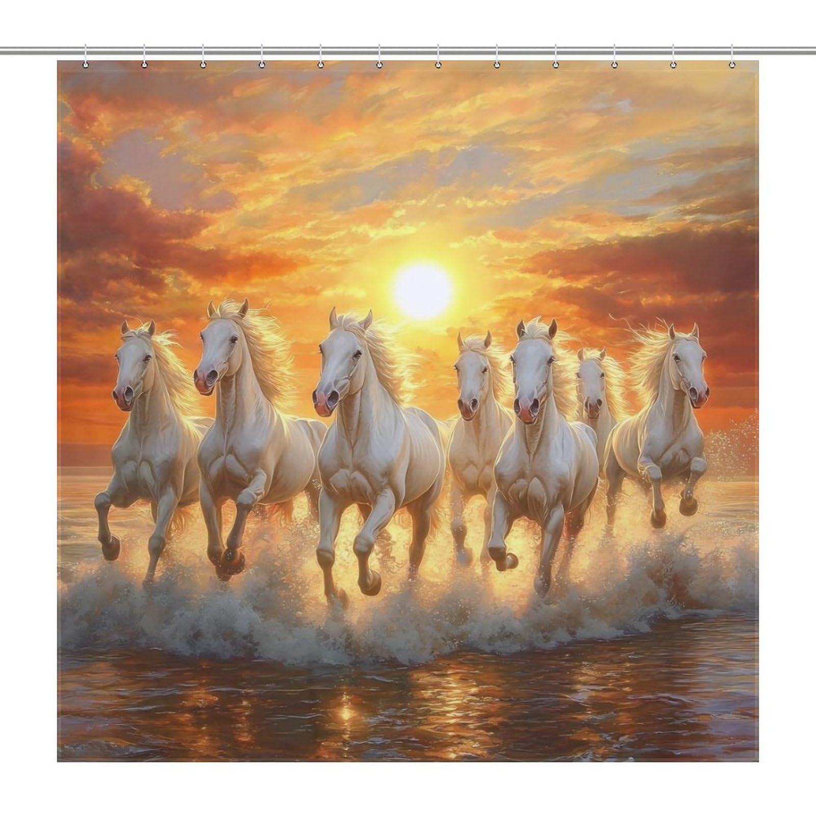 7 White Horses Sunset Print Shower Curtain Bath Curtains for Bathroom Fabric Liner with Grommets Hooks 72x72Inch (183x183cm)