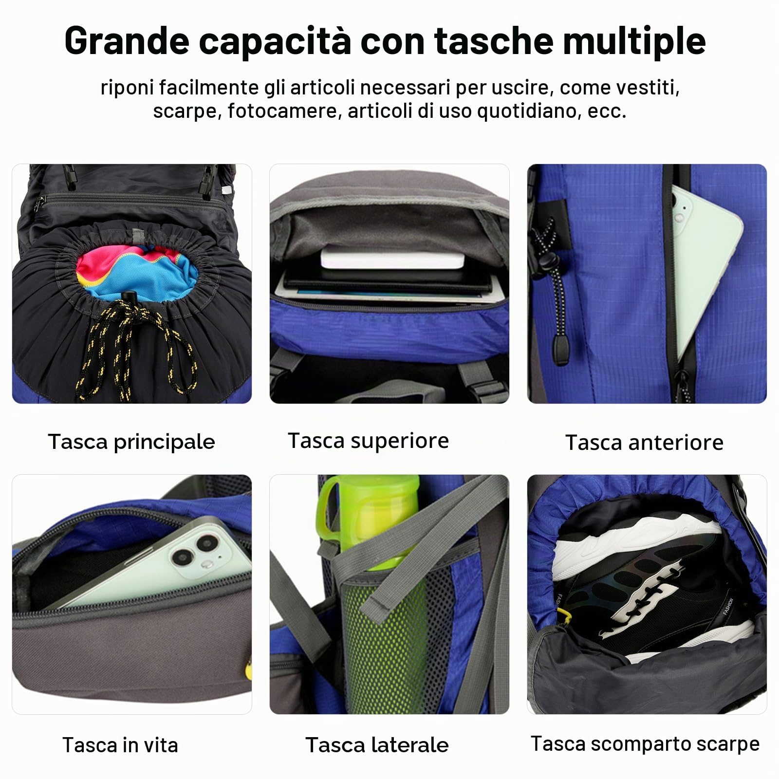 50L Zaino da Trekking Zaino Impermeabile Zaini con Copertura per la Pioggia Hiking Backpack per Donna Uomo Escursionismo Campeggio Arrampicata Viaggio Nero