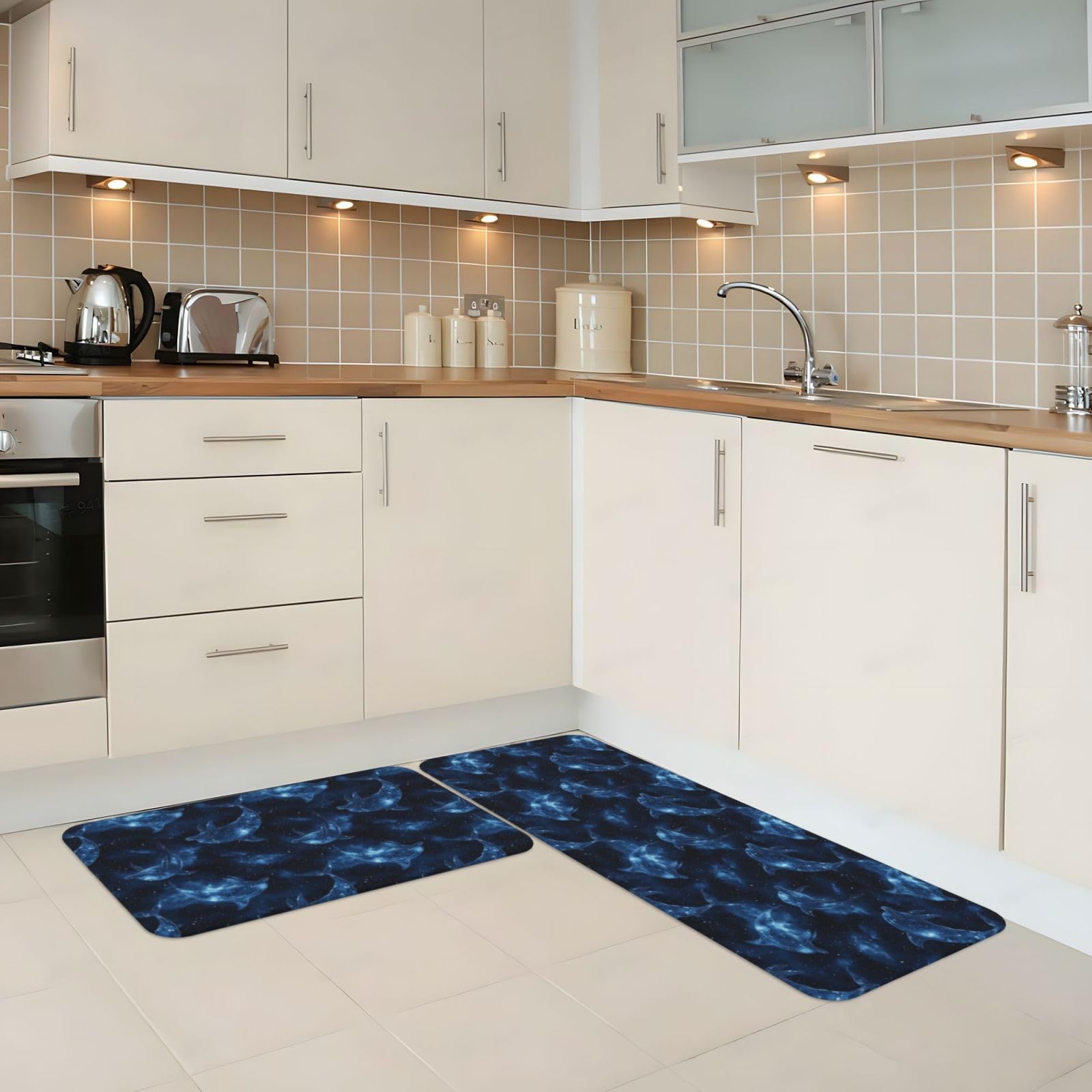 GVYGVY Antifatigue Kitchen Mats for Floor 2 Piece - Starry Blue Dolphins Print Kitchen Rugs Washable, Non Slip Runner Rug Standing Mat for Office/Bathroom/Laundry/Home Decor and Accessories