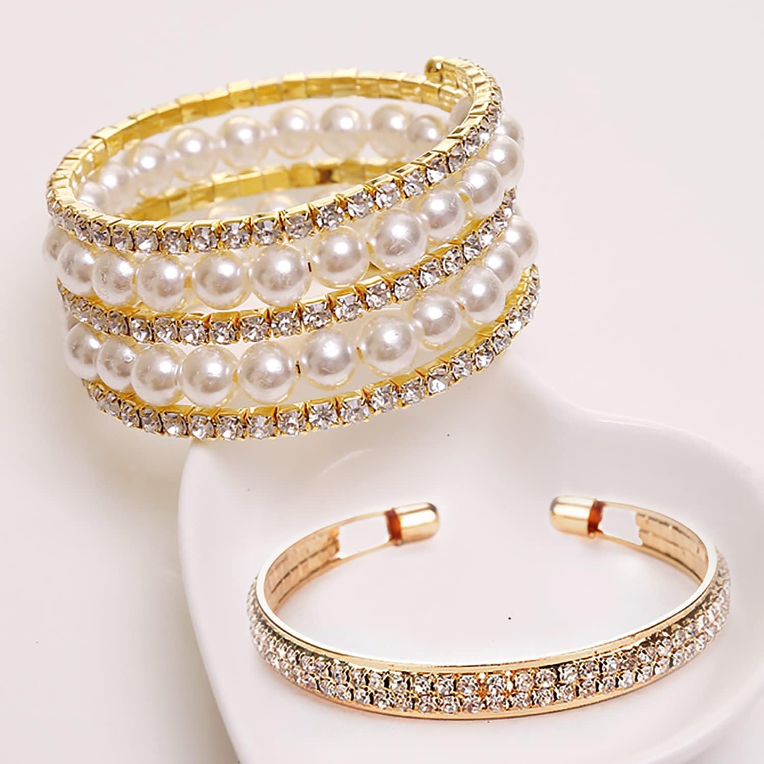 EIELO 6 Pcs Rhinestone Stretch Bracelet for Women Sparkly Clear Crystal Wedding Bridal Bridesmaid Stretch Bracelet Jewelry Stackable Elastic Pearl Multilayer Strand Link Tennis Bracelets Set - Image 6