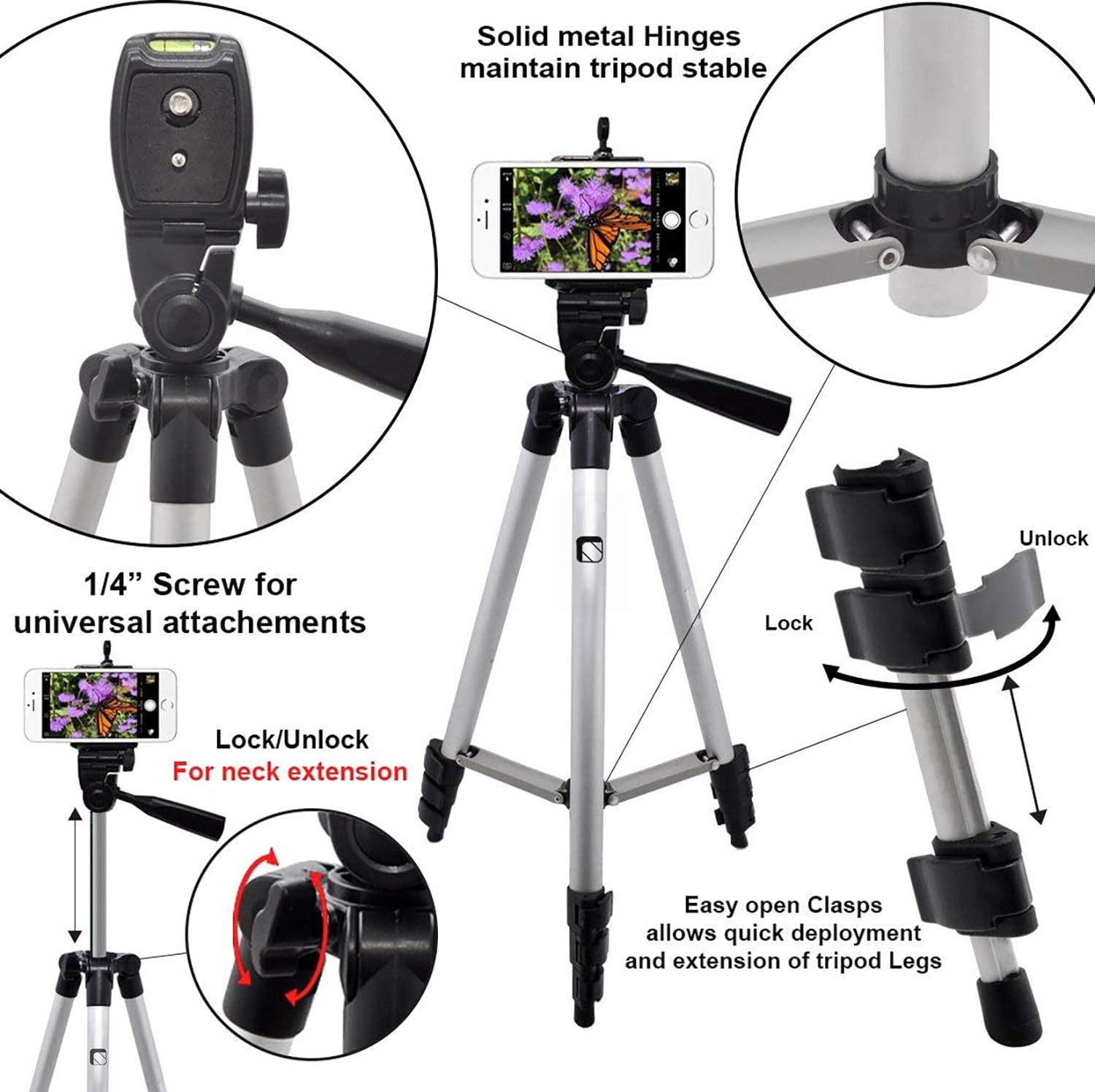 Syvo 3110 Foldable Aluminum Camera Tripod with Mobile Clip Holder Bracket, Fully Flexible Mount Cum Tripod for All Smartphones & Cameras (Black)