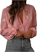 GORGLITTER Women's Floral Embroidered Boho Peasant Blouse Long Bishop Sleeve Button Down Sheer Top