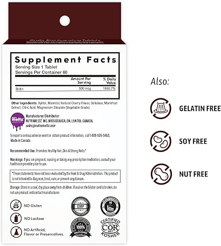 Miniatura 7 de NUTRAMELTZ Biotina 500 mcg I Apoya el cabello, las uñas y la piel saludables, 60 tabletas de fusión  1 paquete I sabor a cereza