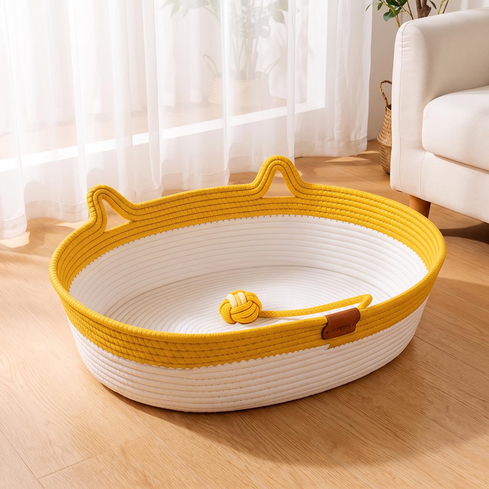 Cuccia Intrecciata per Gatti Comodo, 麻藤席窝-粉色, 特大号60 45cm | Morbido, Moderno, Letto per Gatti in Corda di Cotone, Soggiorno, Cuccioli