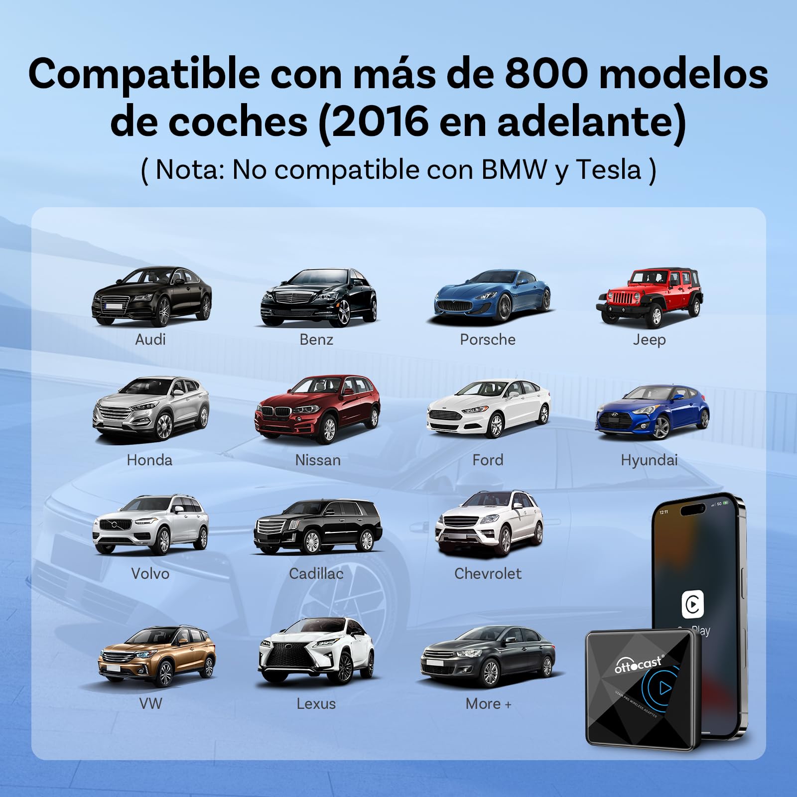 OTTOCAST U2Air Pro Adaptador CarPlay Inalámbrico, Adaptador Bluetooth Apple CarPlay para iPhone, Plug & Play para Coches con Car Play cableado OEM, WiFi de Doble Banda, actualización en línea