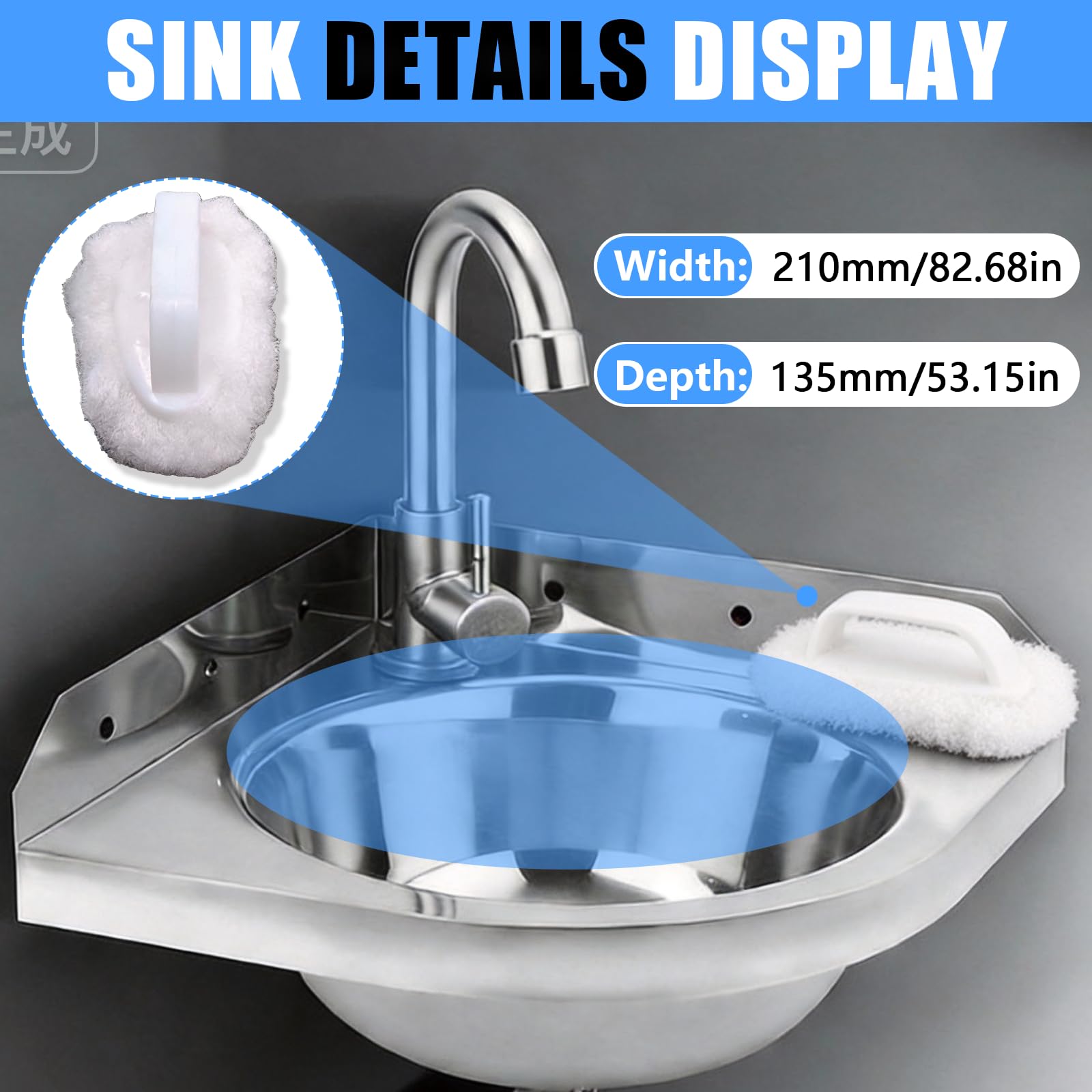 Lavabo Esquinero, Lavabos de Montaje en pared Lavabo Triangular Pequeño De Acero Inoxidable 260 Mm Montaje En Pared Juego, Con Grifo Desagüe Y Mangueras, Para Autocaravana Camper Barco Baño WC Garaje