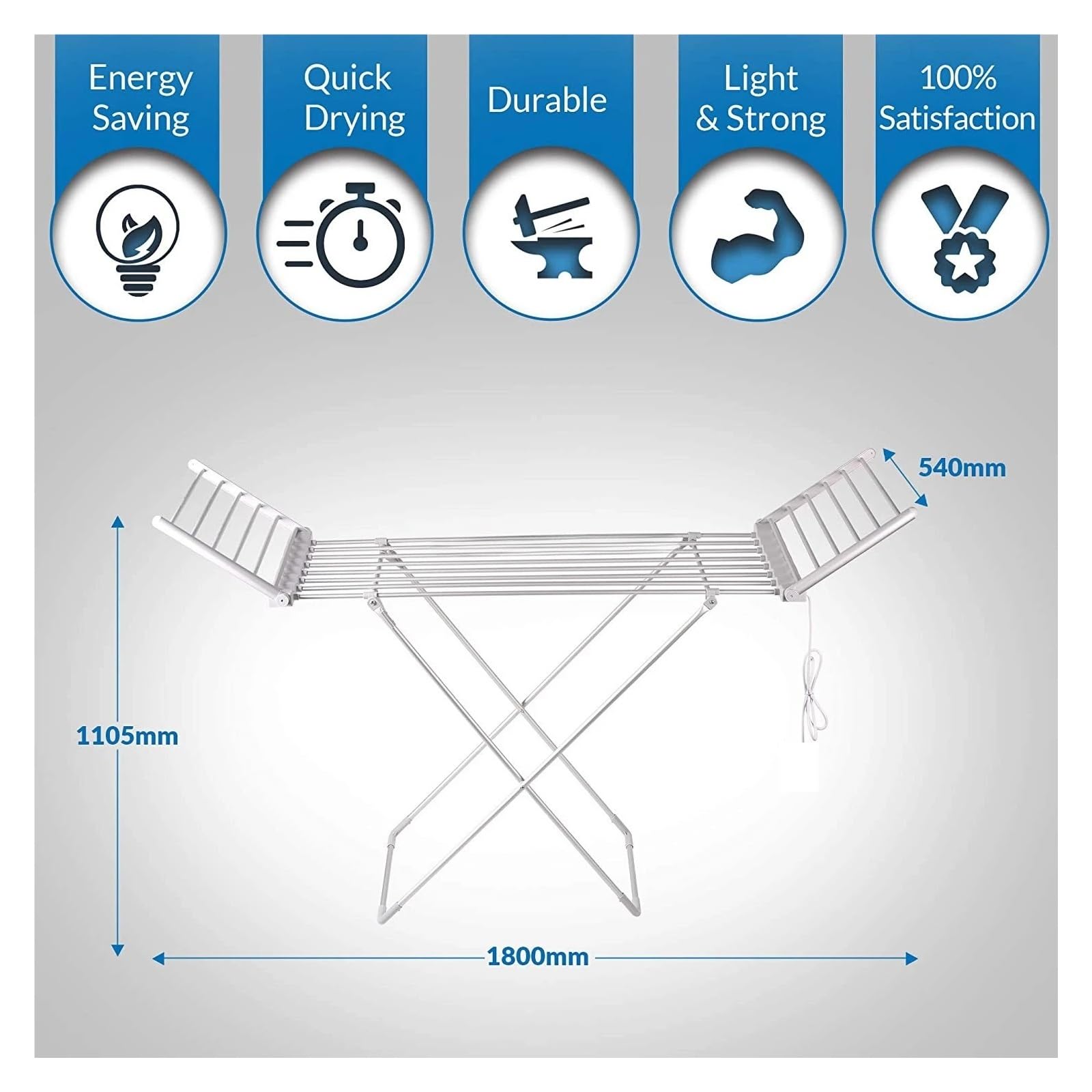 Stendibiancheria Elettrico Riscaldato Pieghevole Ed Efficiente Dal Punto Di Vista Energetico Bagnata, Bianco Utilizzo versatile multi-scenario