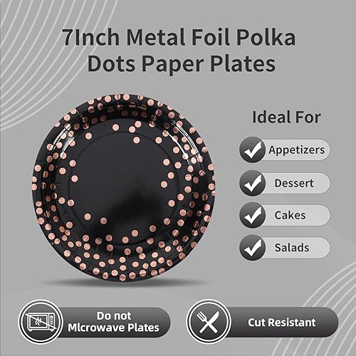 Miniatura 3 de Black and Rose Gold Paper Tableware Set-150PCS-50 x 7''Dessert Plates & 50 x 6.5''Napkins & 50 x 7.3''Forks,Disposable Party Paper Plates and