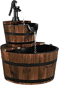 Giantex 2-Tier Barrel Waterfall Fountain Outdoor, Rustic Wood Barrel Cascading Water Fountain with Electric Pump, Outdoor Water Feature with Decorative Hand Pump for Garden Patio Backyard Lawn Porch