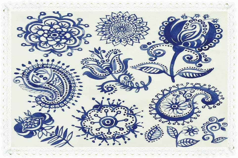 iPrint Blue and White,Rectangle Polyester Linen Tablecloth/Old Fashioned Artful Motifs in Watercolor Style Paisley Mandala Floral/for Dinner Kitchen Home Décor,60"x104",Navy Blue White