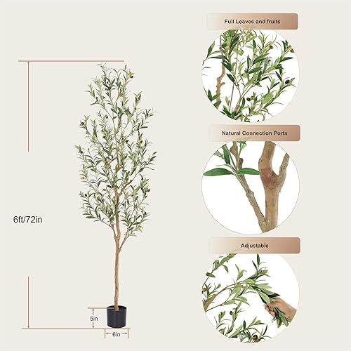Miniatura 4 de Árbol de olivo sintético de 6 pies, olivos artificiales para interiores con tronco de madera natural y hojas y frutas realistas. Olivo falso de 6