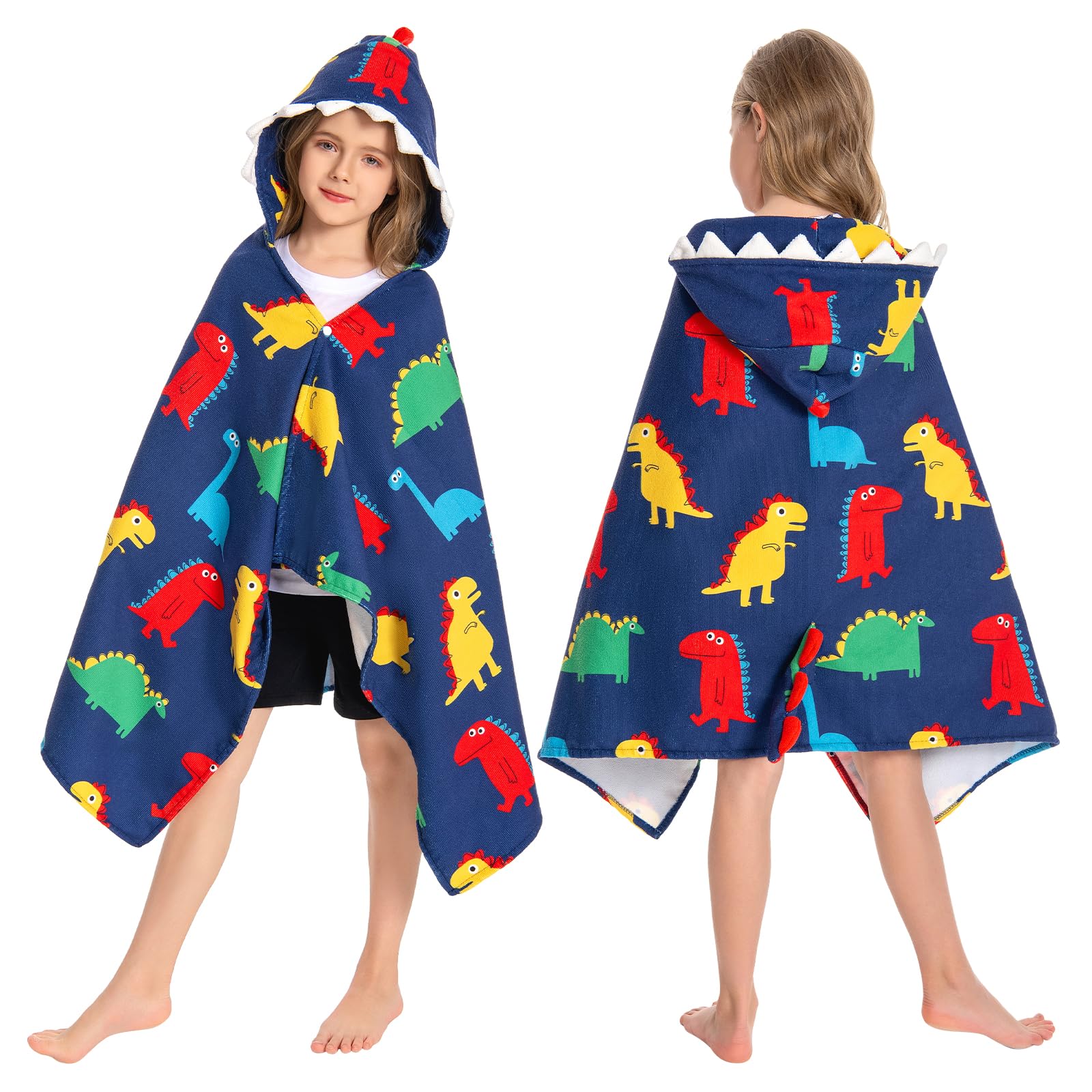 OLAOLA Colorful Dinosaur Hooded Towel for Kids 3-12 Years, 28" x 53" Soft Thick Absorbent Beach Towels, Toddler Bath Towel Wrap Swim Pool Towels