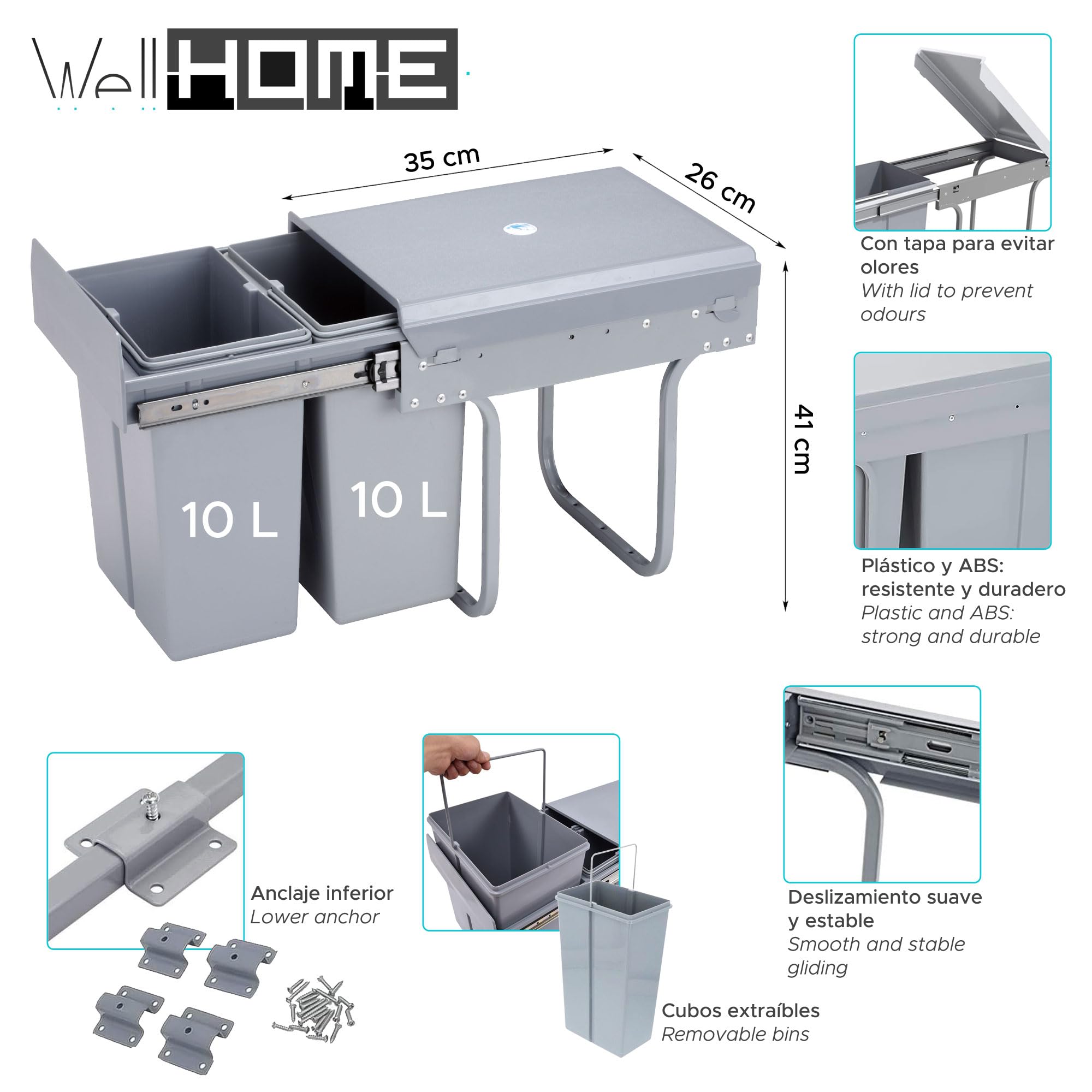 WELL HOME MOBILIARIO & DECORACIÓN Recyclingbehälter für Küchenmöbel, 2x10l, untere Befestigung und manuelle Entnahme, herausnehmbare Eimer, mit Deckel