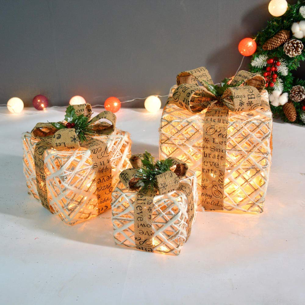 Ornamenti di Natale Scatole regalo, Set di 3 scatole regalo natalizie decorative in rattan LED, ferro, luci bianche calde, set di pacchi natalizi(A)