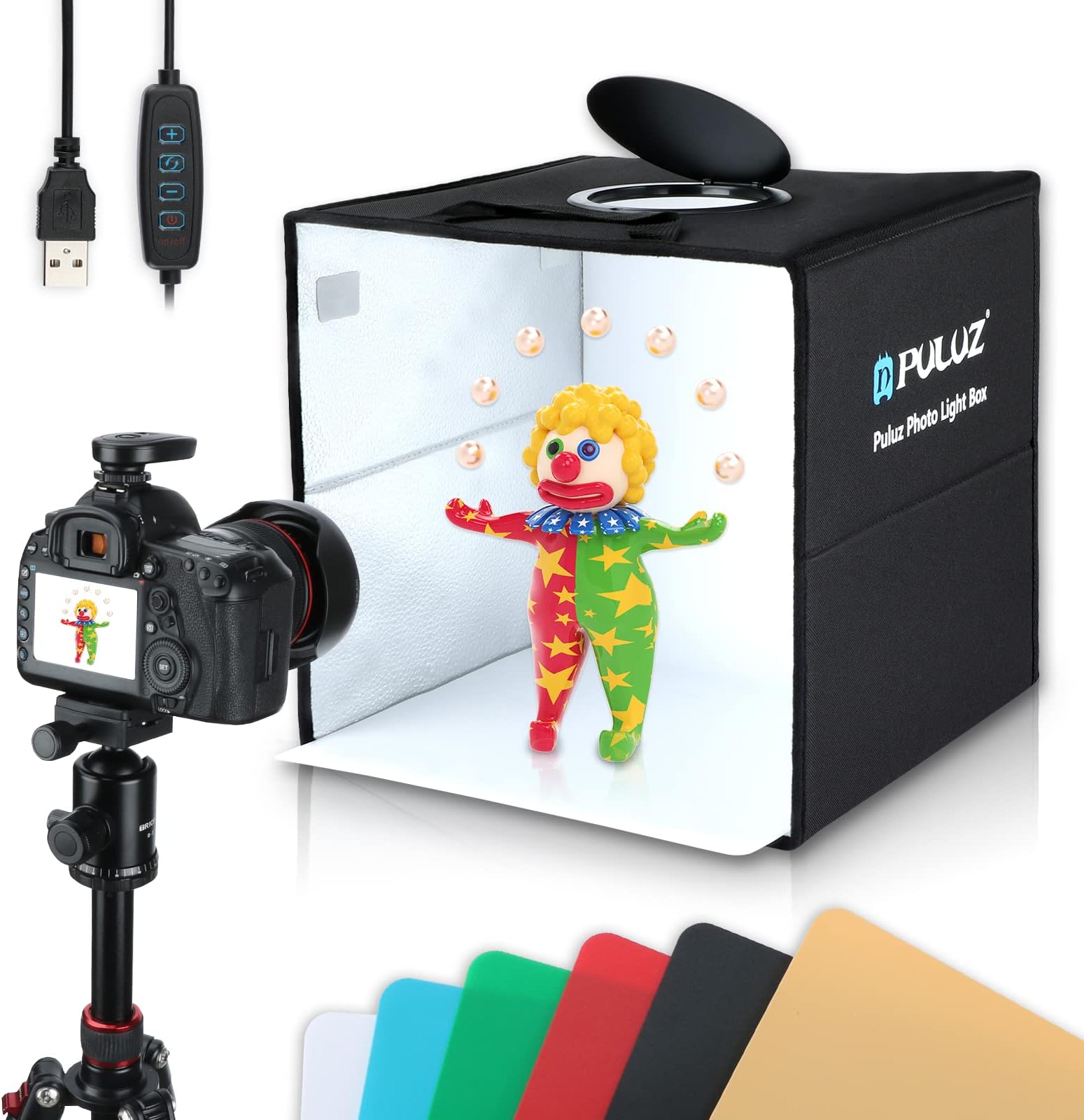 Photo Box, PULUZ Mini Folding Lightbox Portable Light Box Photography Shooting Tent Box Kit with 120pcs LED Lights 6 Colors Backdrops Photo Light Box for Phones DSLR Camera 12 x 12 inch