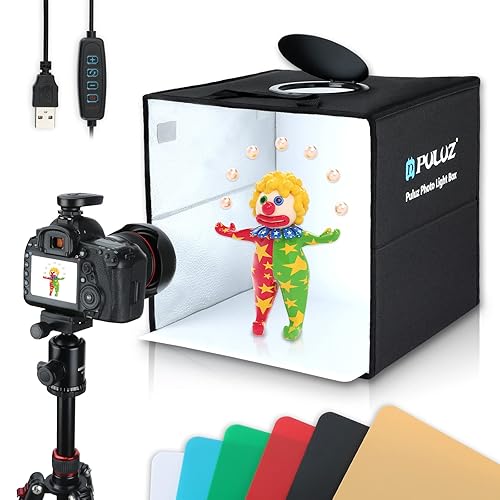 Photo Box, PULUZ Mini Folding Lightbox Portable Light Box Photography Shooting Tent Box Kit with 120pcs LED Lights 6 Colors Backdrops Photo Light Box for Phones DSLR Camera 12 x 12 inch