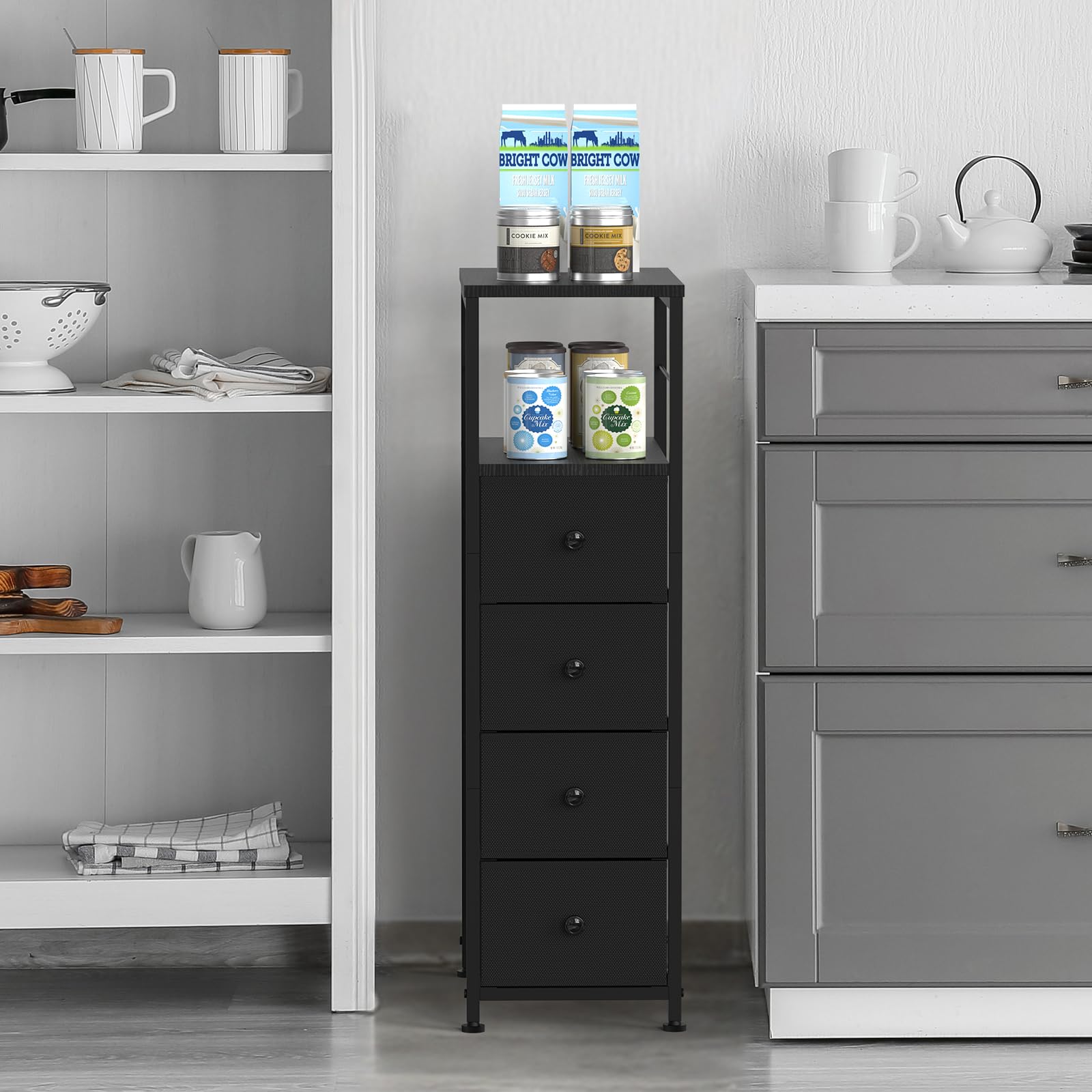 Komoda wąska szafka z 4 szufladami z materiału, szafa z szufladami, wieża do przechowywania, organizer do sypialni, salonu, kuchni, biura, korytarza, 87 x 40 x 25,4 cm, czarna