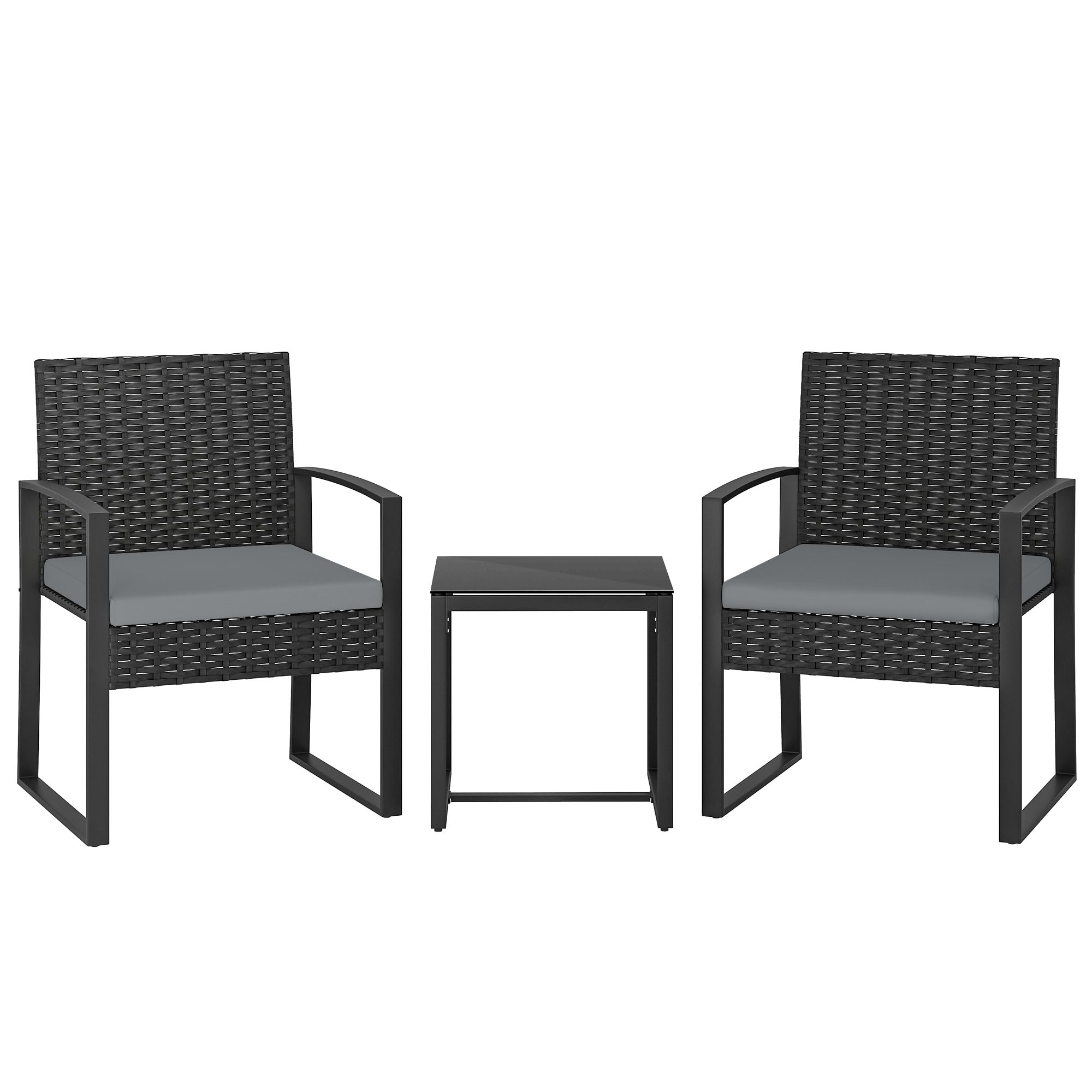 Outsunny 3 Piece Rattan Bistro Set, PE Wicker Garden Furniture Conversation Set, Tempered Glass Bistro Table and Chairs with Cushions for Patio, Balcony, Porch, Light Grey