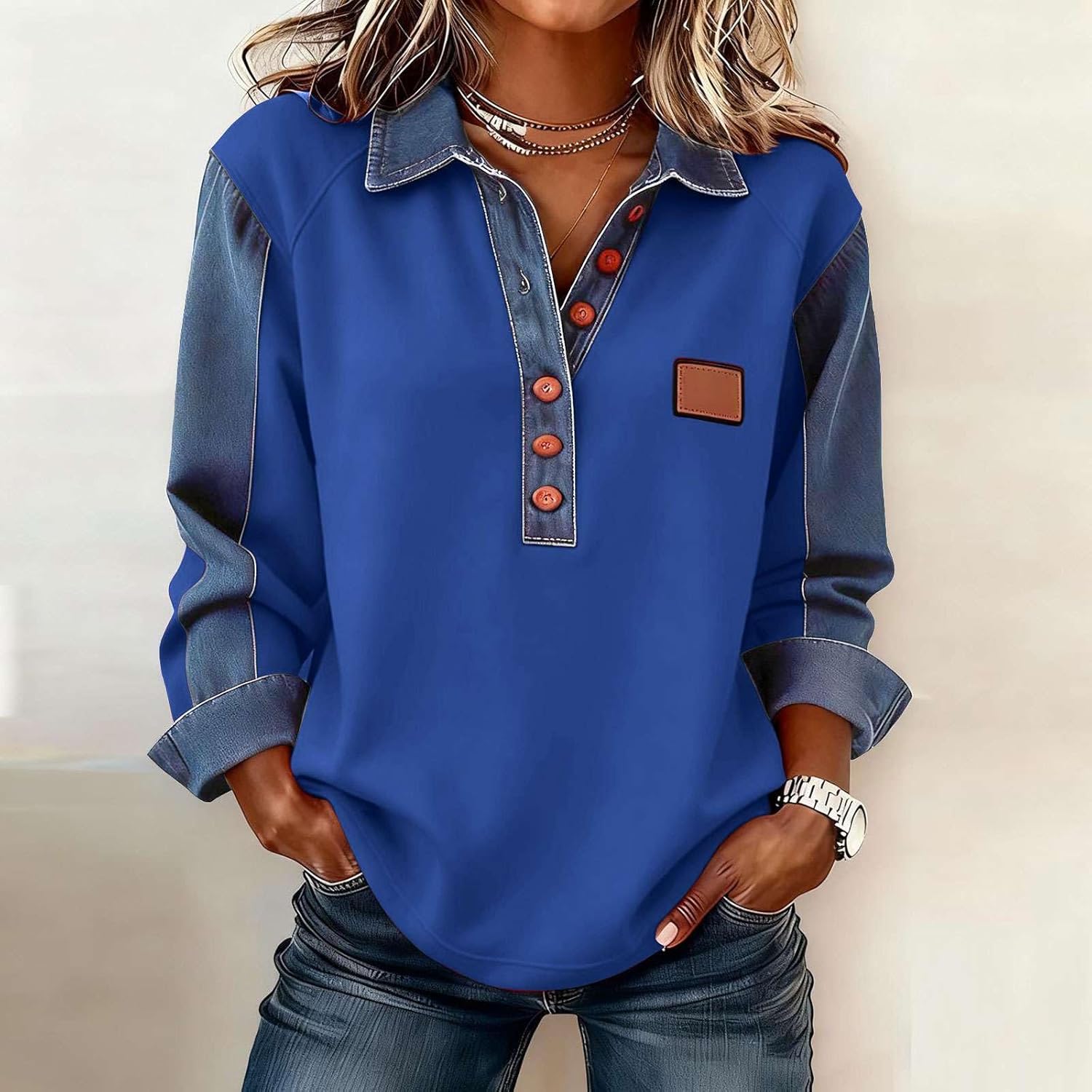 Womens Lounge Long Sleeve Pullover Top Denim Collar Button Front Patchwork Casual Loose Fit Blouse Daily Wear - Image 2