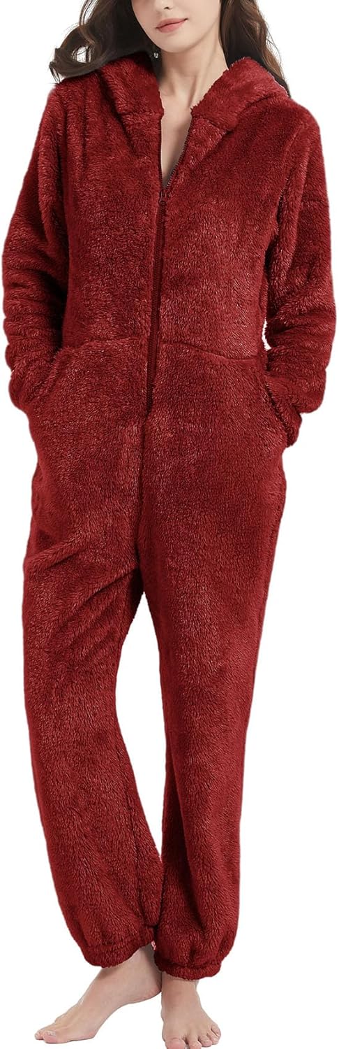 Flygo Womens Onesies Pajamas One Piece Hooded Adult Pajama Jumpsuit Winter Fuzzy Sleepwear
