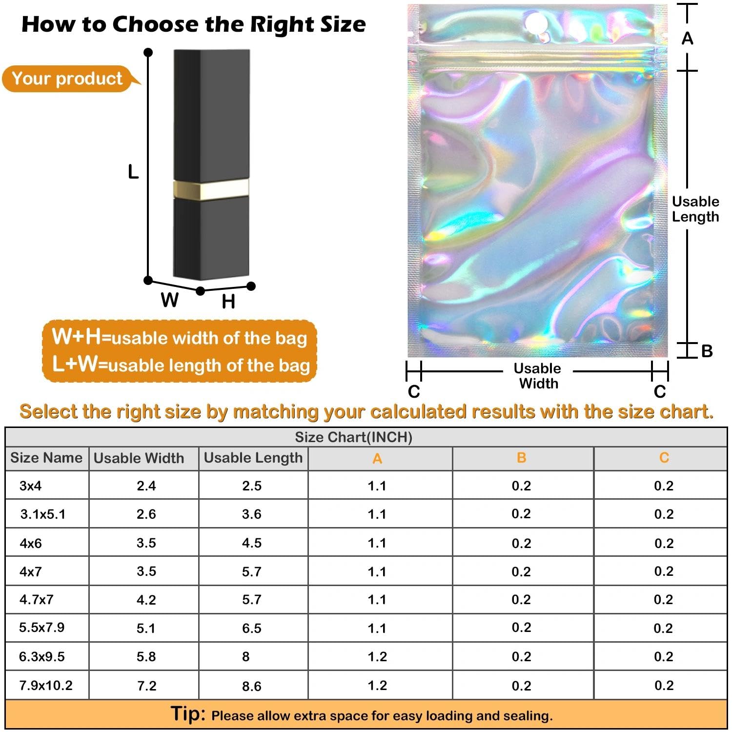 Lot de 100 sachets refermables en mylar - Couleur holographique - Fermeture à glissière - Pour rangement polyvalent - 16,3 x 24,4 cm