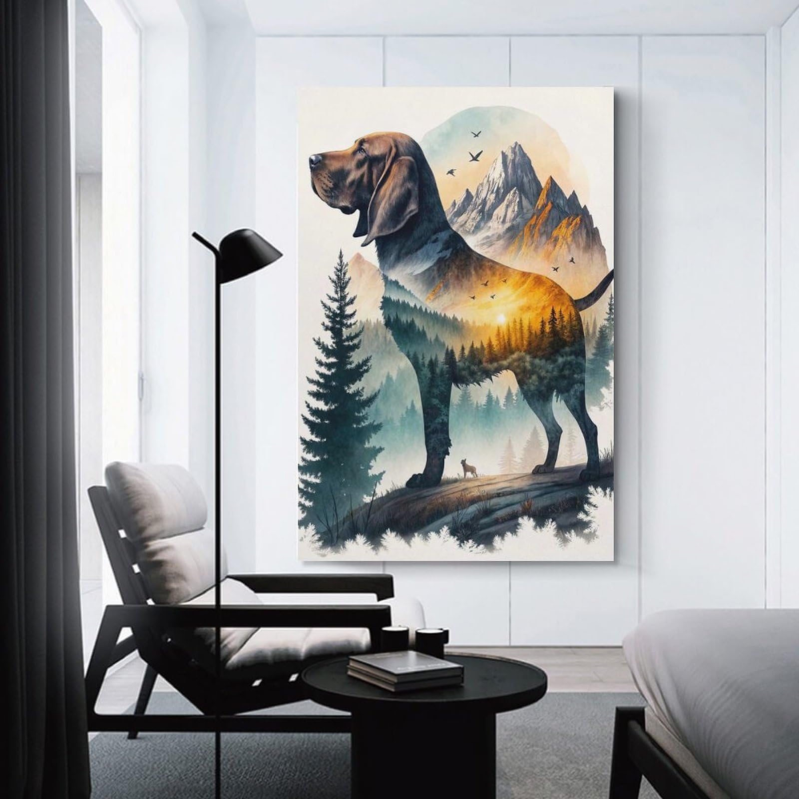 Junmoney Dog with Mountain Landscape Double Exposure Decorative Canvas Print, 20x30inch(50x75cm), for Hallway, Bedroom Or Modern Interiors, Gift Idea for Housewarming And Birthdays